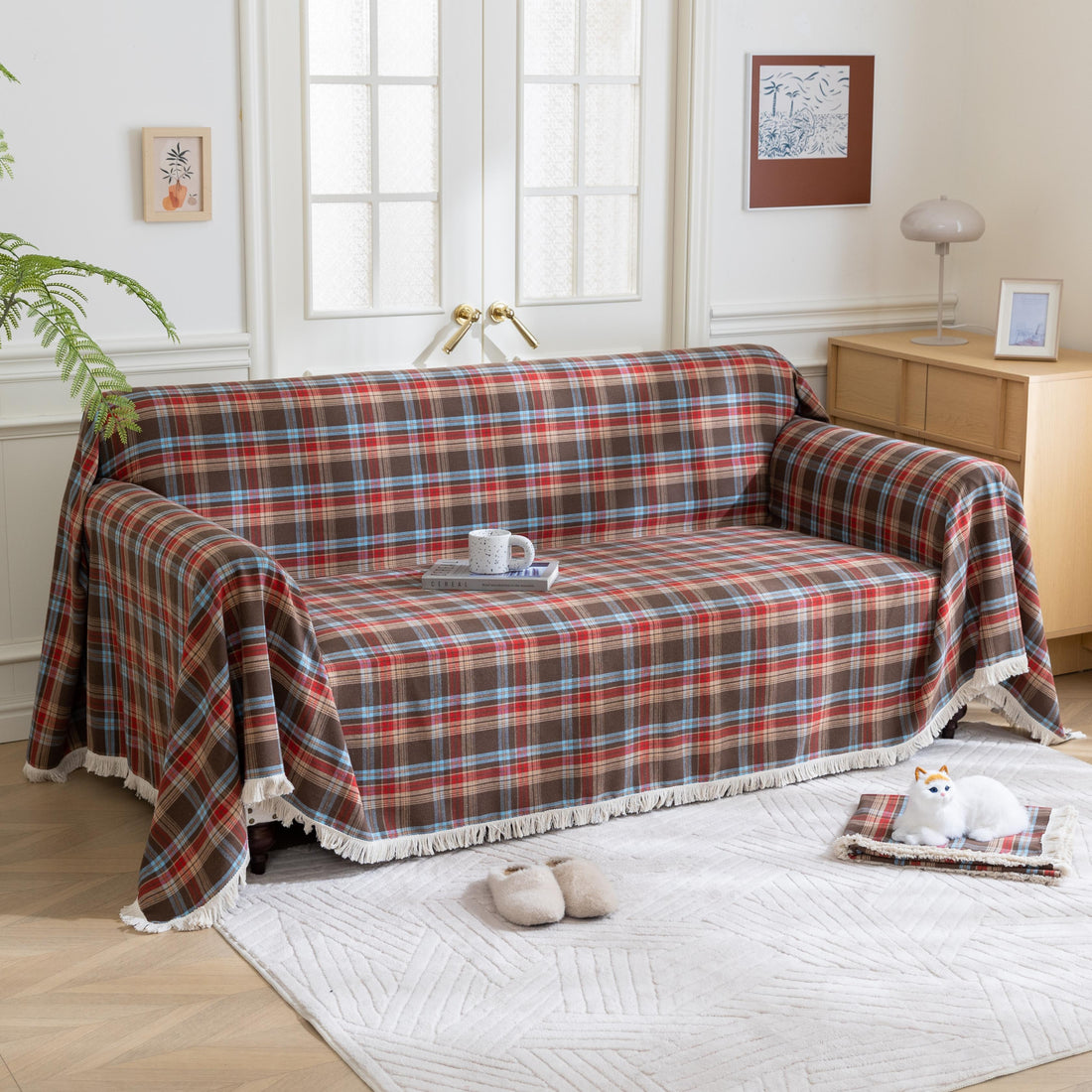 Red Blue Plaid Couch Covers with Tassel
