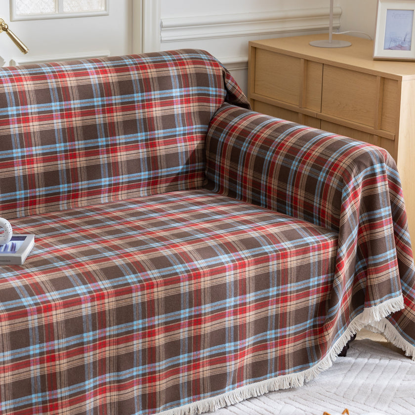 Red Blue Plaid Couch Covers with Tassel