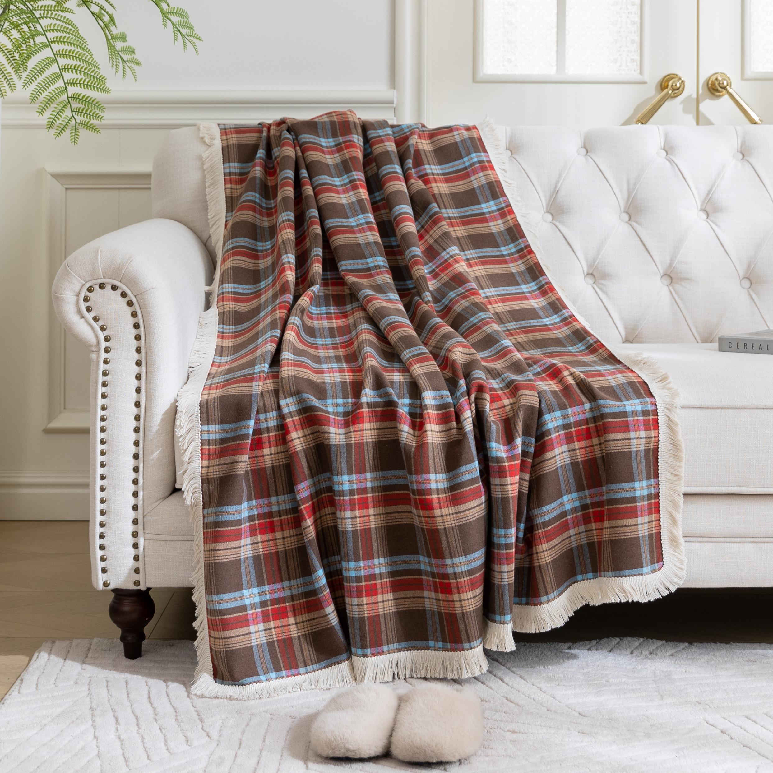 Red Blue Plaid Couch Covers with Tassel