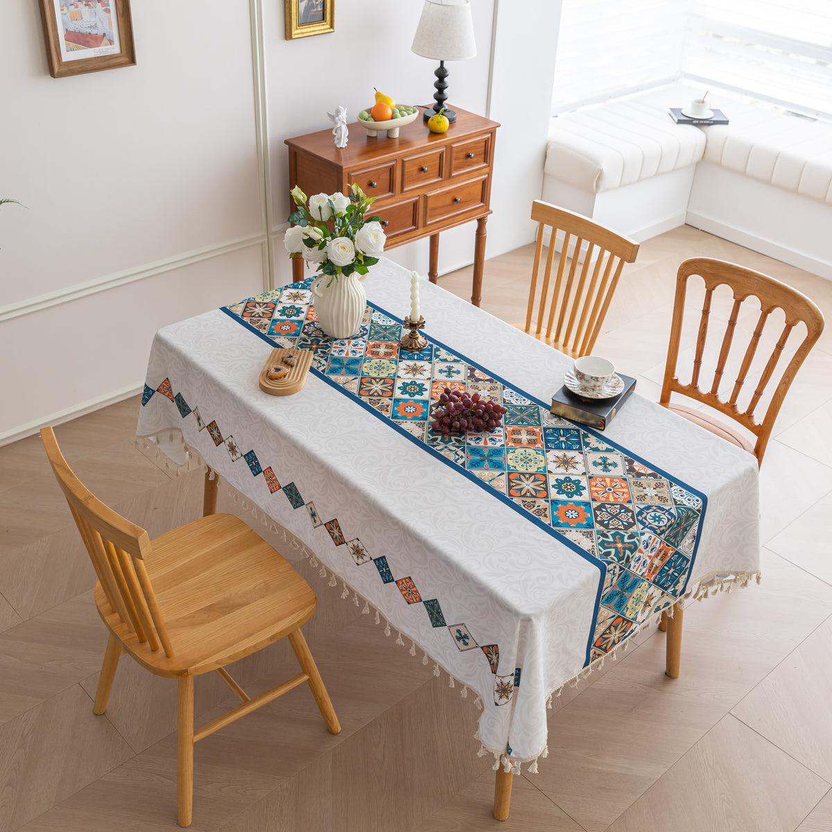 Bohemian Style Rectangle Tablecloth Boho Tassel Design