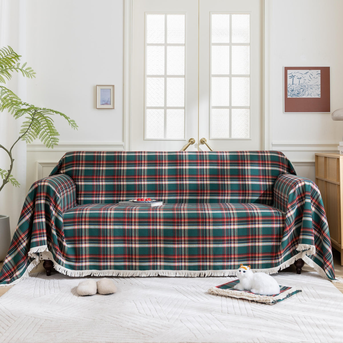 Green Red Plaid Couch Covers with Tassel