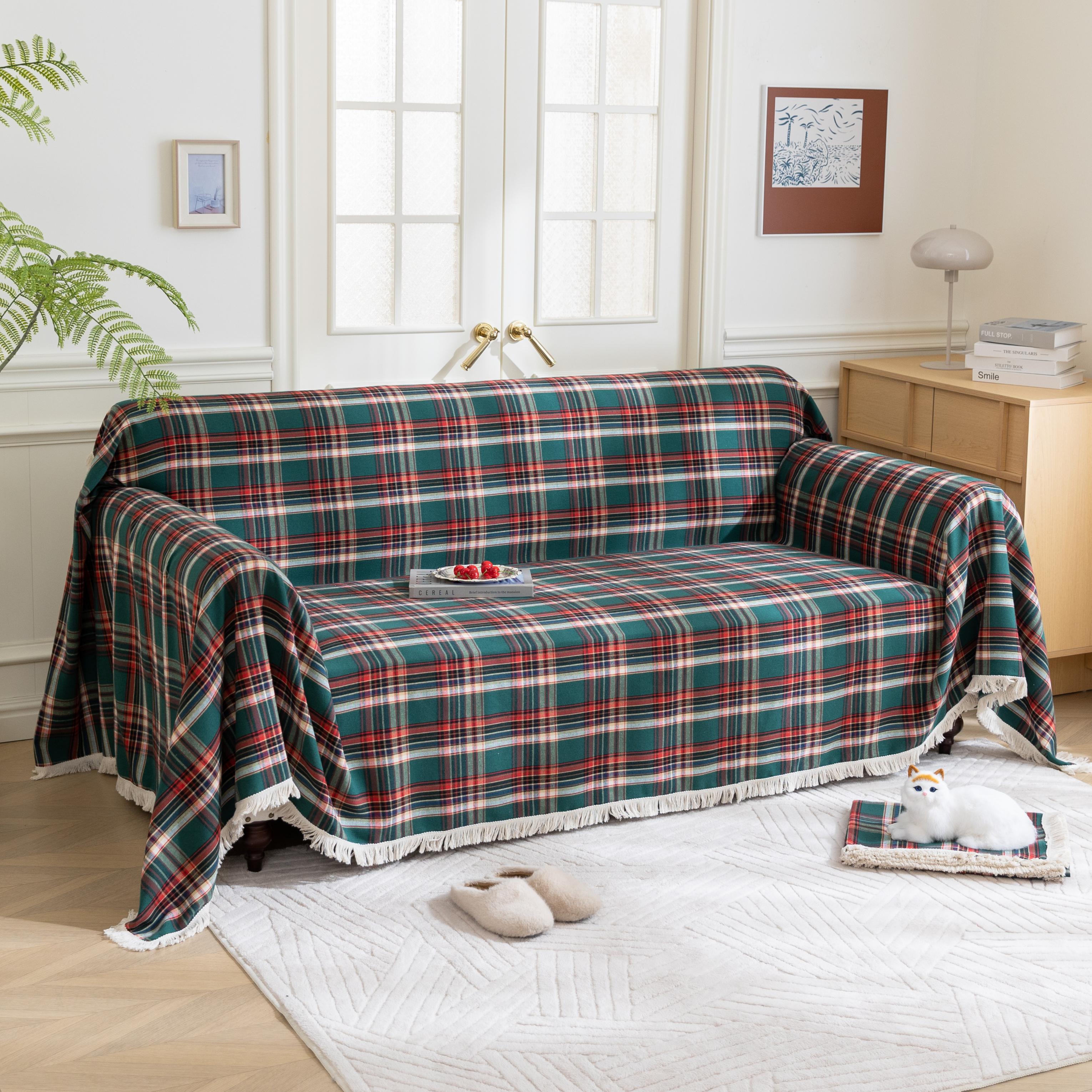 Green Red Plaid Couch Covers with Tassel