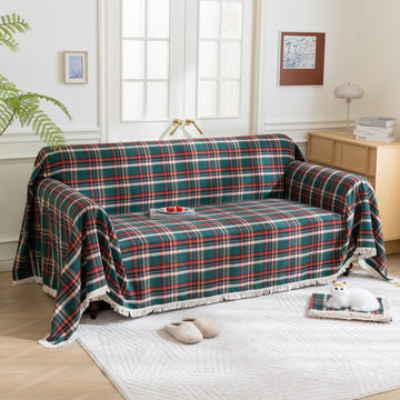 Green Red Plaid Couch Covers with Tassel