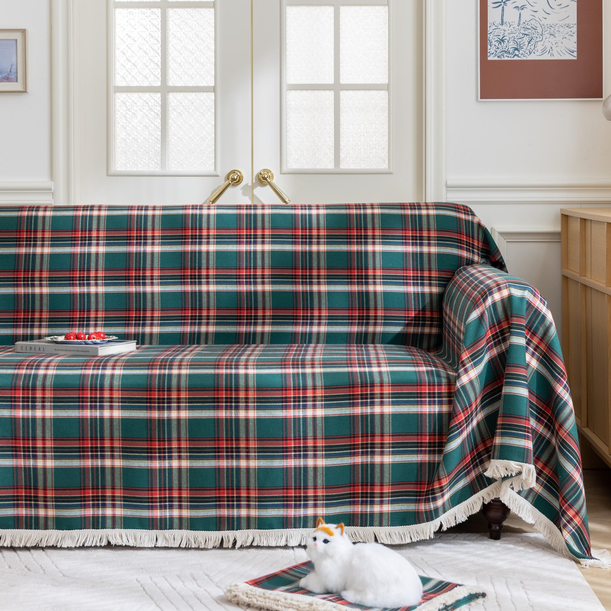 Green Red Plaid Couch Covers with Tassel
