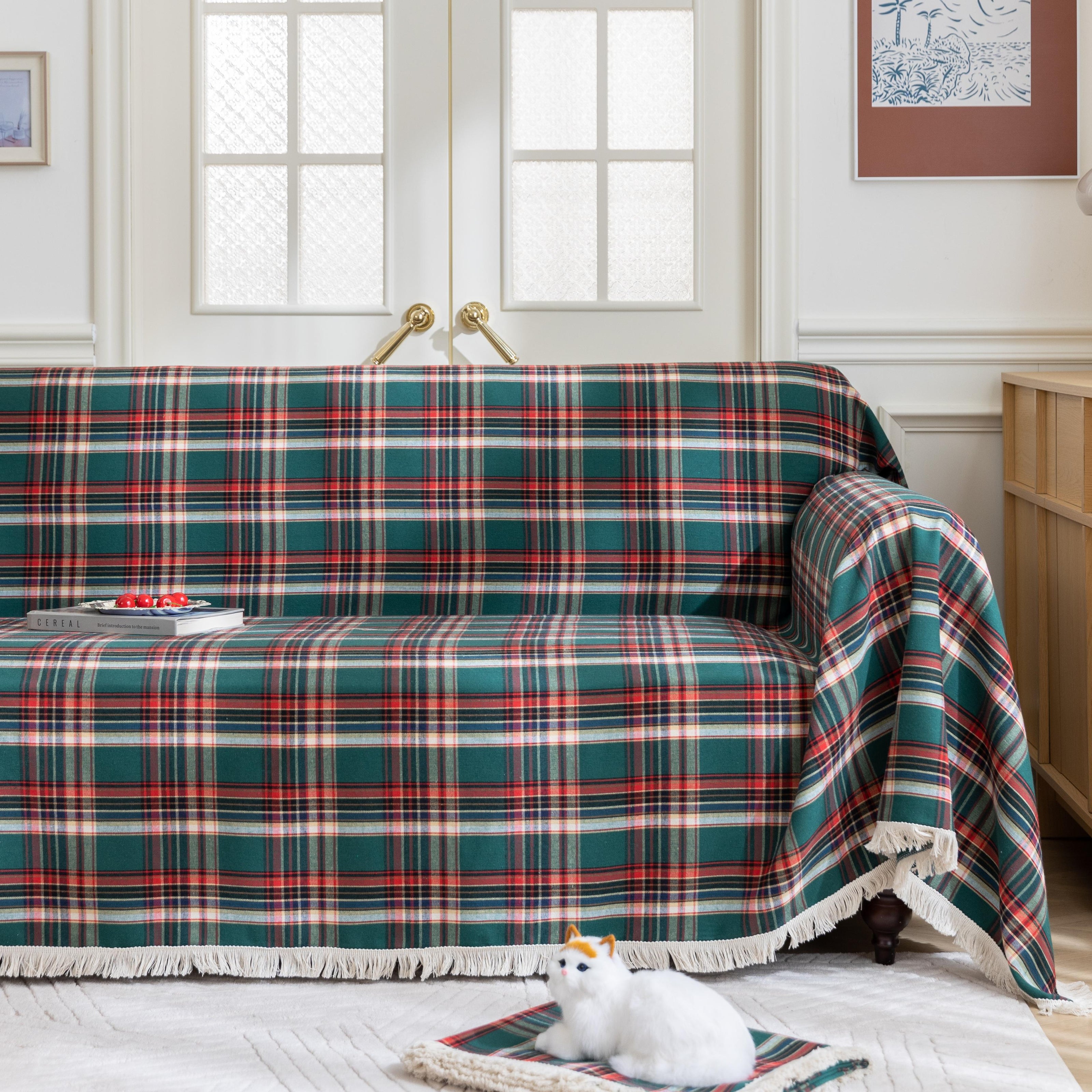 Green Red Plaid Couch Covers with Tassel