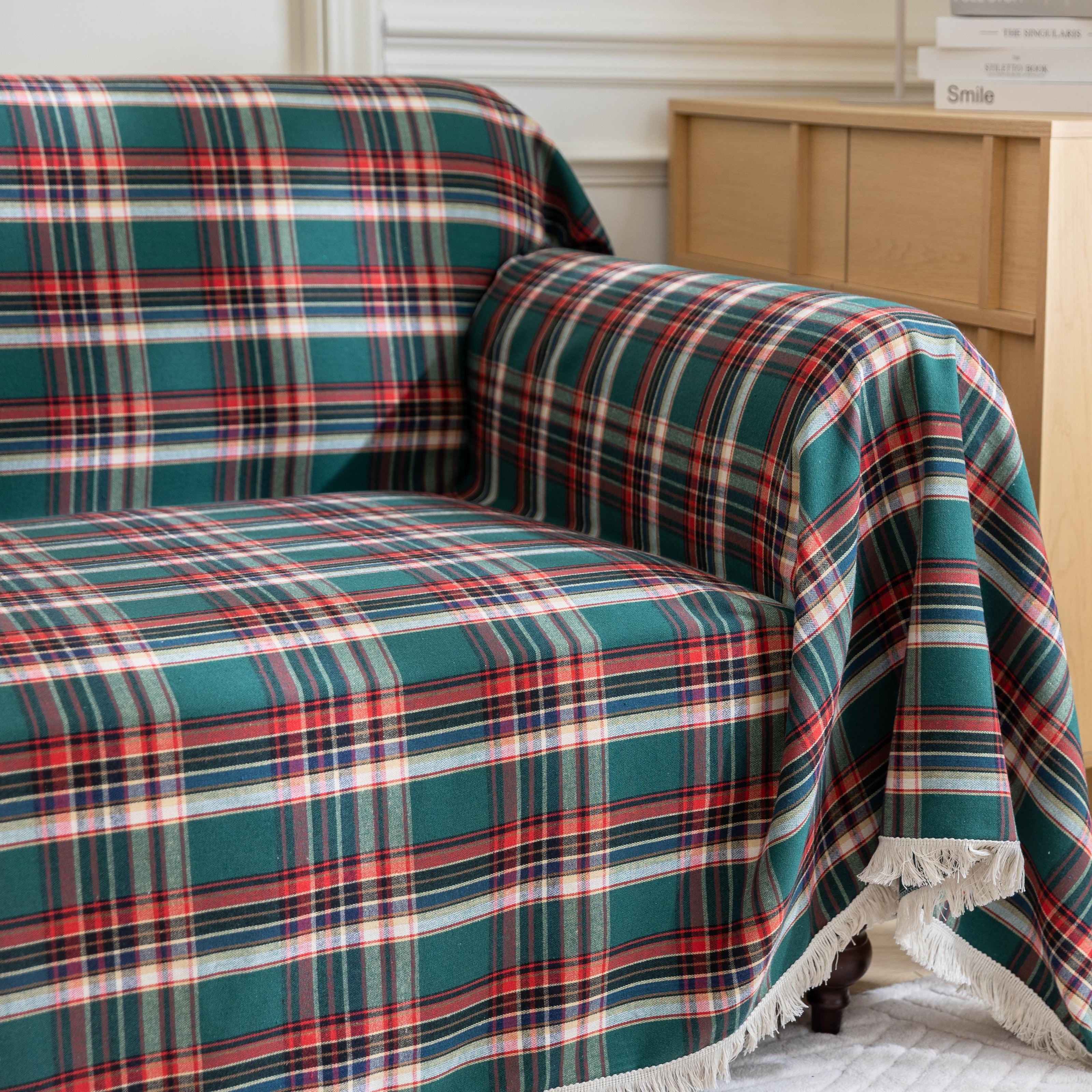 Green Red Plaid Couch Covers with Tassel
