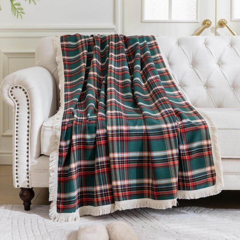 Green Red Plaid Couch Covers with Tassel