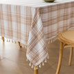 Beige White Plaid Rectangle Tablecloth Farmhouse Tassel Design