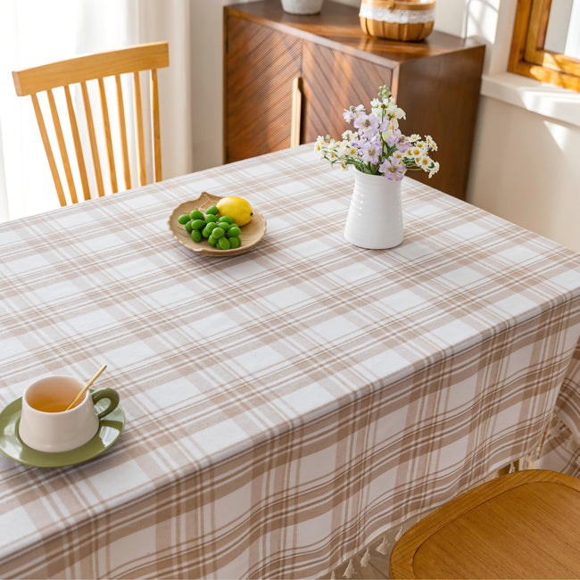 Beige White Plaid Rectangle Tablecloth Farmhouse Tassel Design