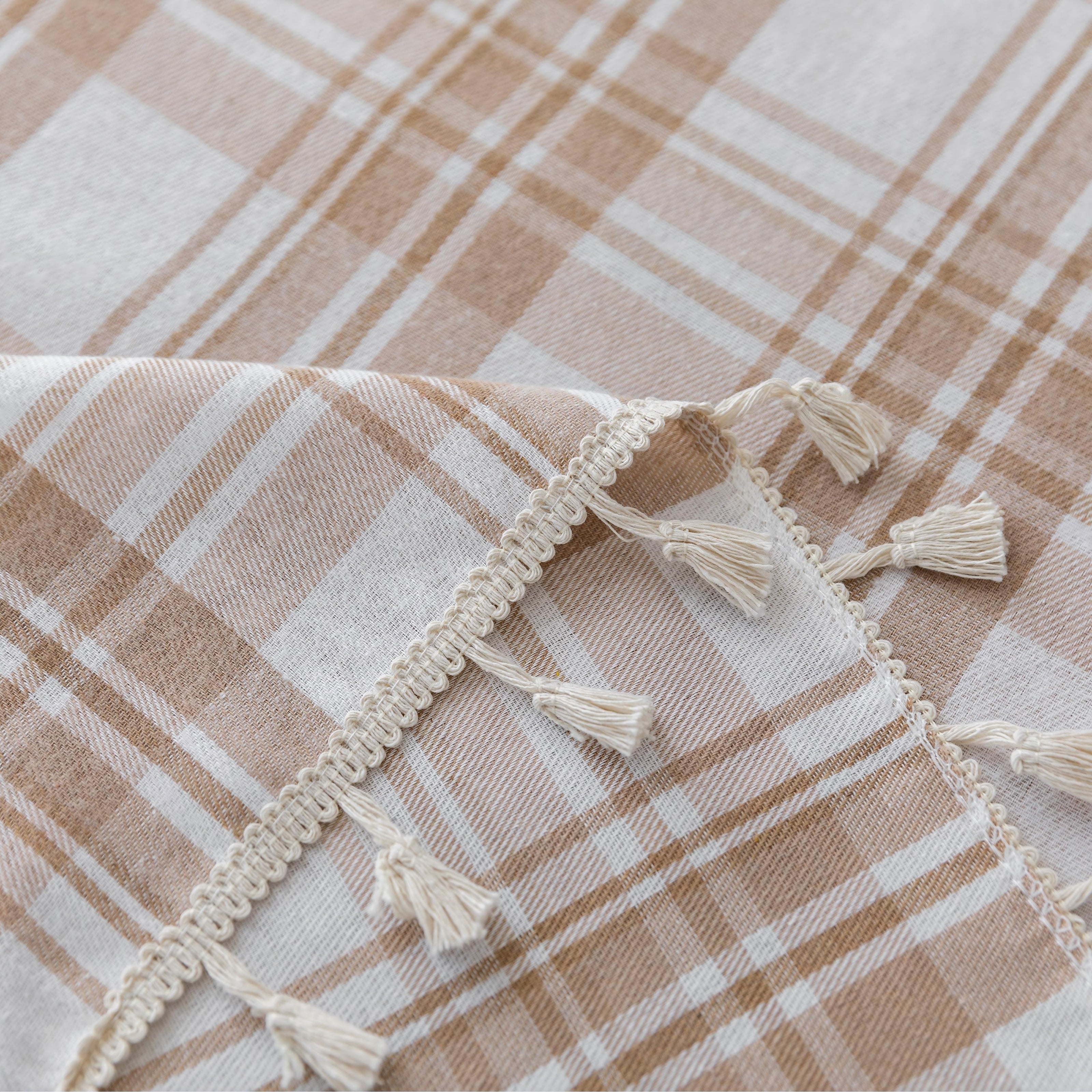 Beige White Plaid Rectangle Tablecloth Farmhouse Tassel Design