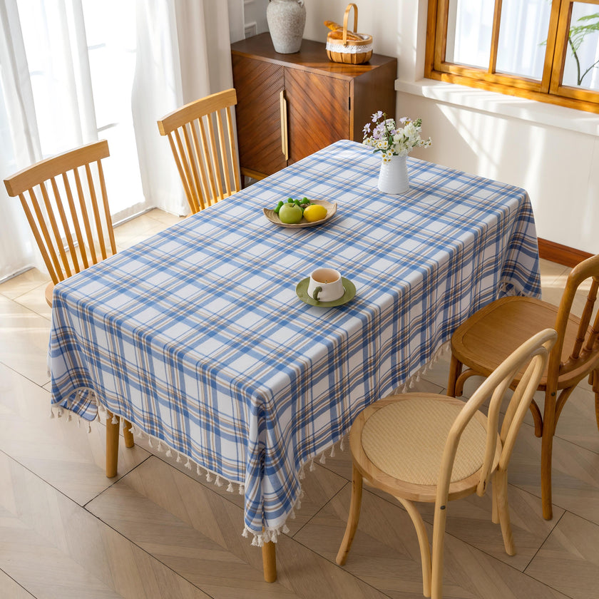 Plaid Rectangle Tablecloth Farmhouse Tassel Design