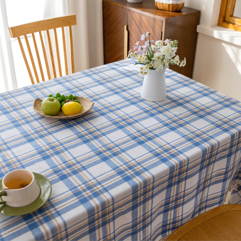 Blue White Plaid Rectangle Tablecloth Farmhouse Tassel Design