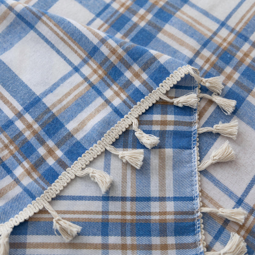 Blue White Plaid Rectangle Tablecloth Farmhouse Tassel Design