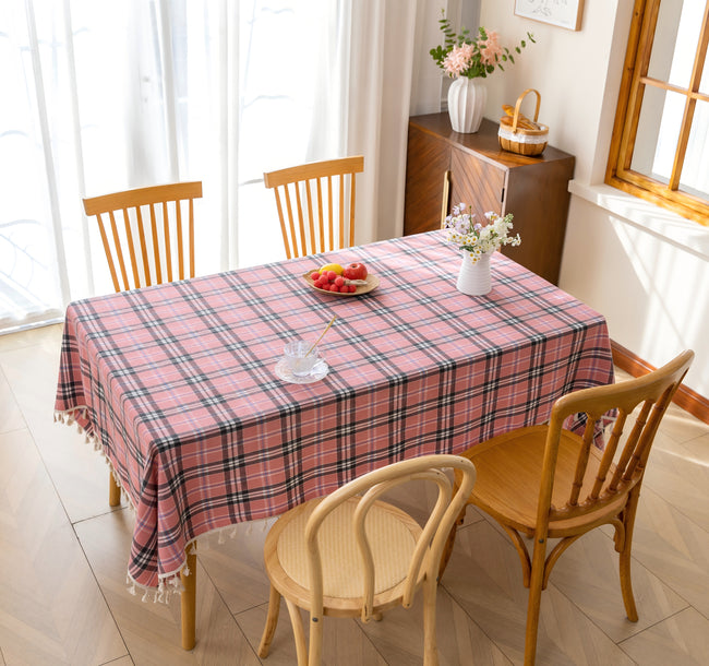 Pink Plaid Rectangle Tablecloth Farmhouse Tassel Design