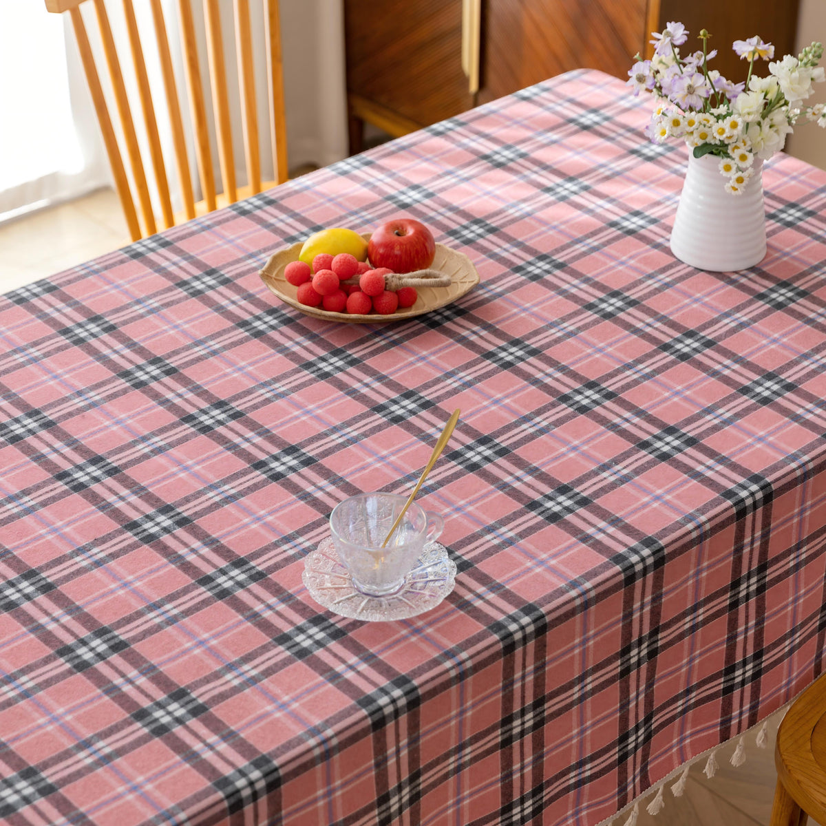 Pink Plaid Rectangle Tablecloth Farmhouse Tassel Design