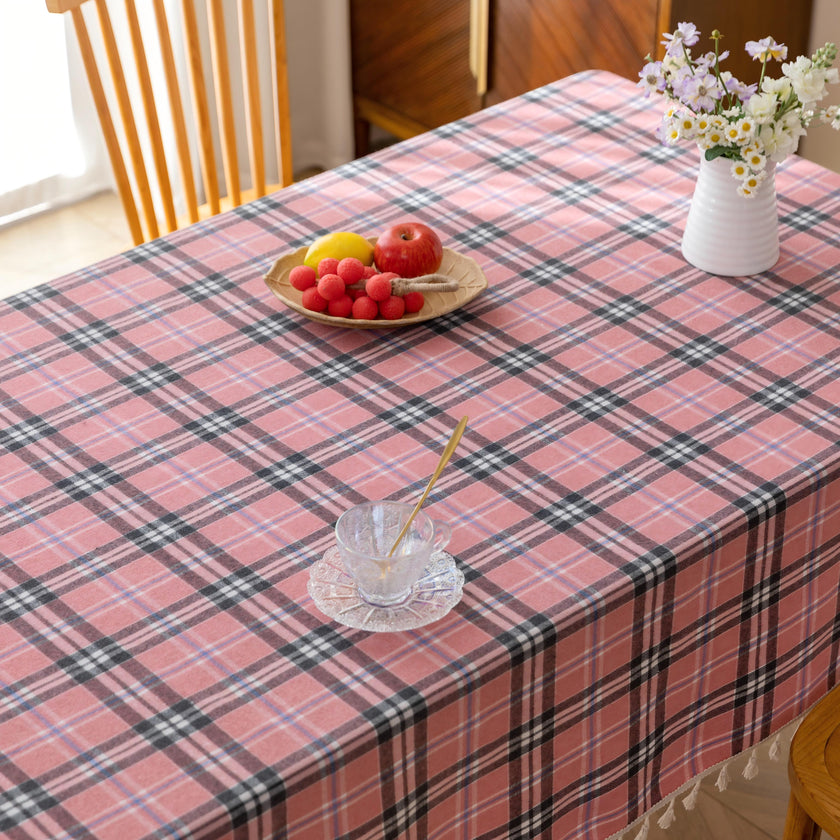 Pink Plaid Rectangle Tablecloth Farmhouse Tassel Design