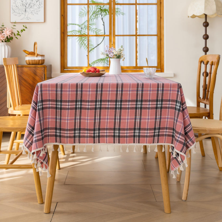 Pink Plaid Rectangle Tablecloth Farmhouse Tassel Design