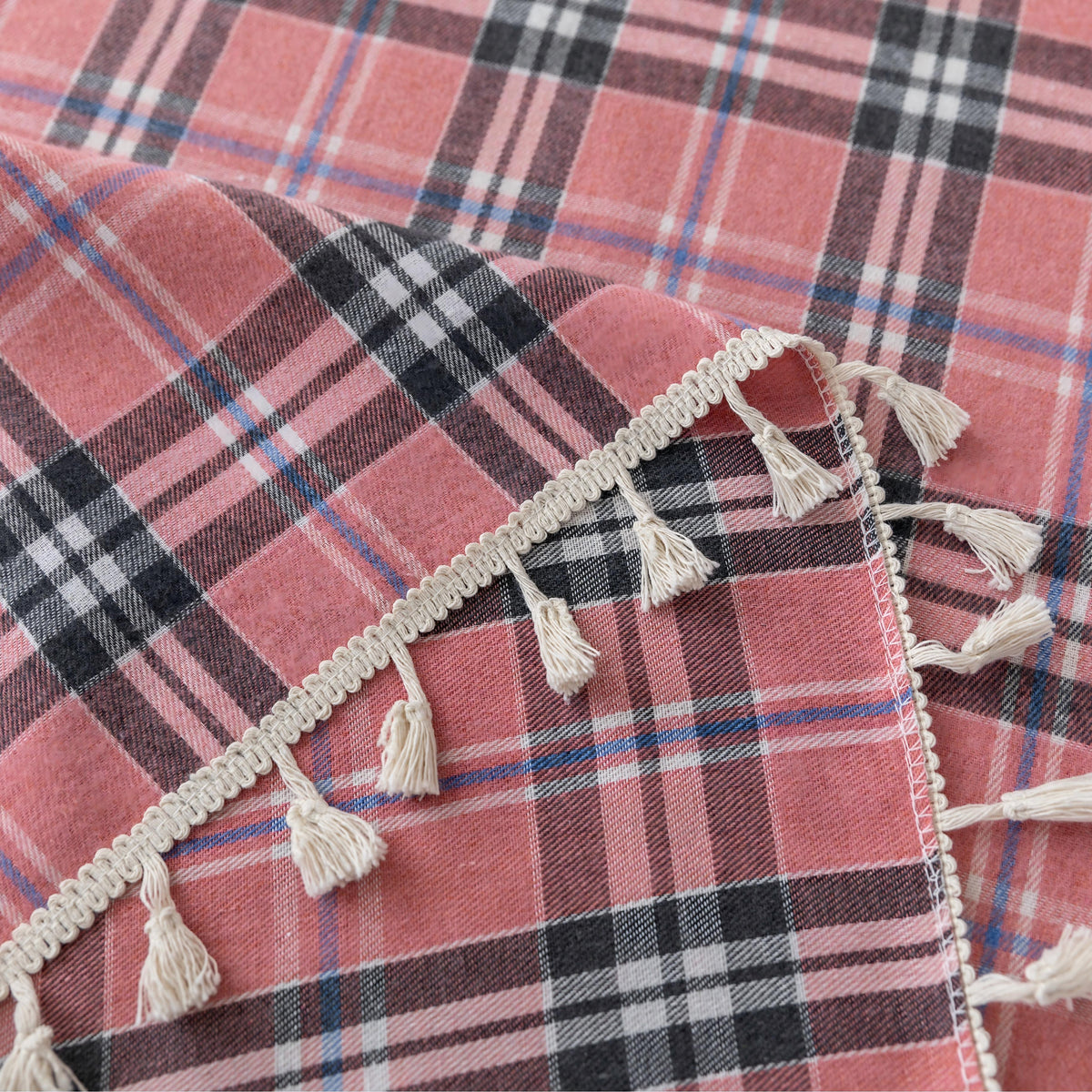 Pink Plaid Rectangle Tablecloth Farmhouse Tassel Design