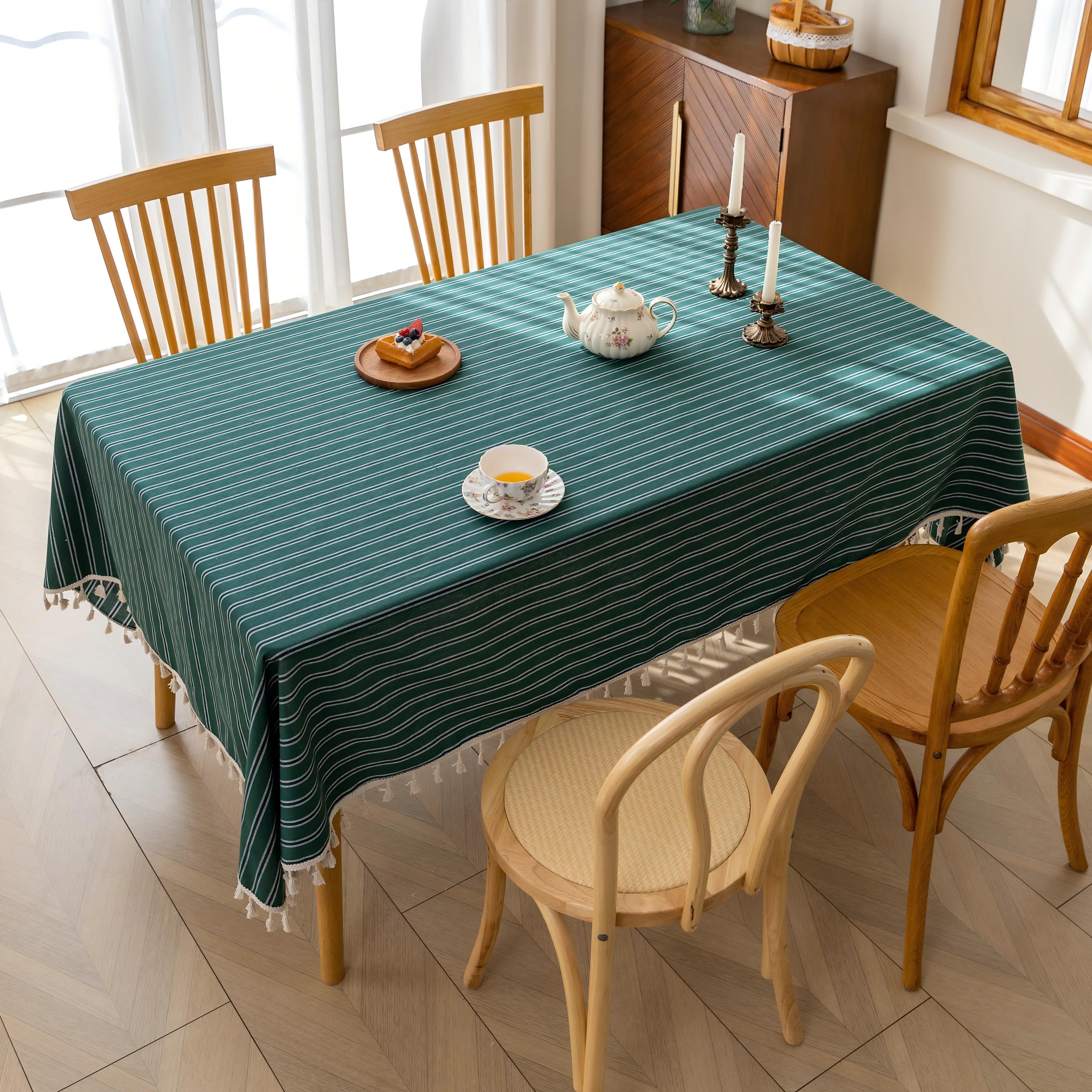 Green Stripe Rectangle Tablecloth Farmhouse Tassel Design
