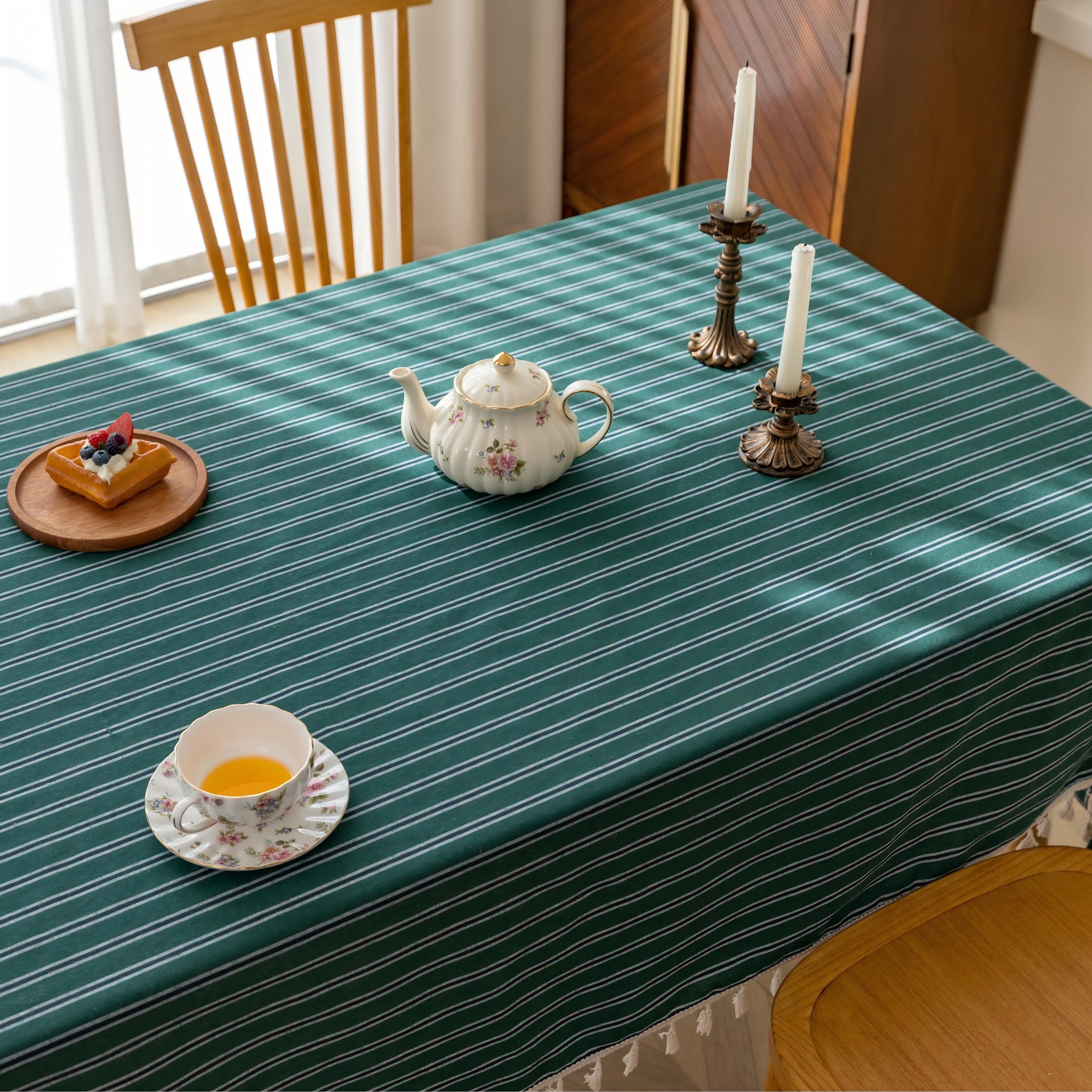 Green Stripe Rectangle Tablecloth Farmhouse Tassel Design