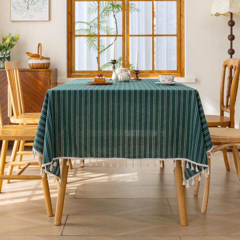 Green Stripe Rectangle Tablecloth Farmhouse Tassel Design