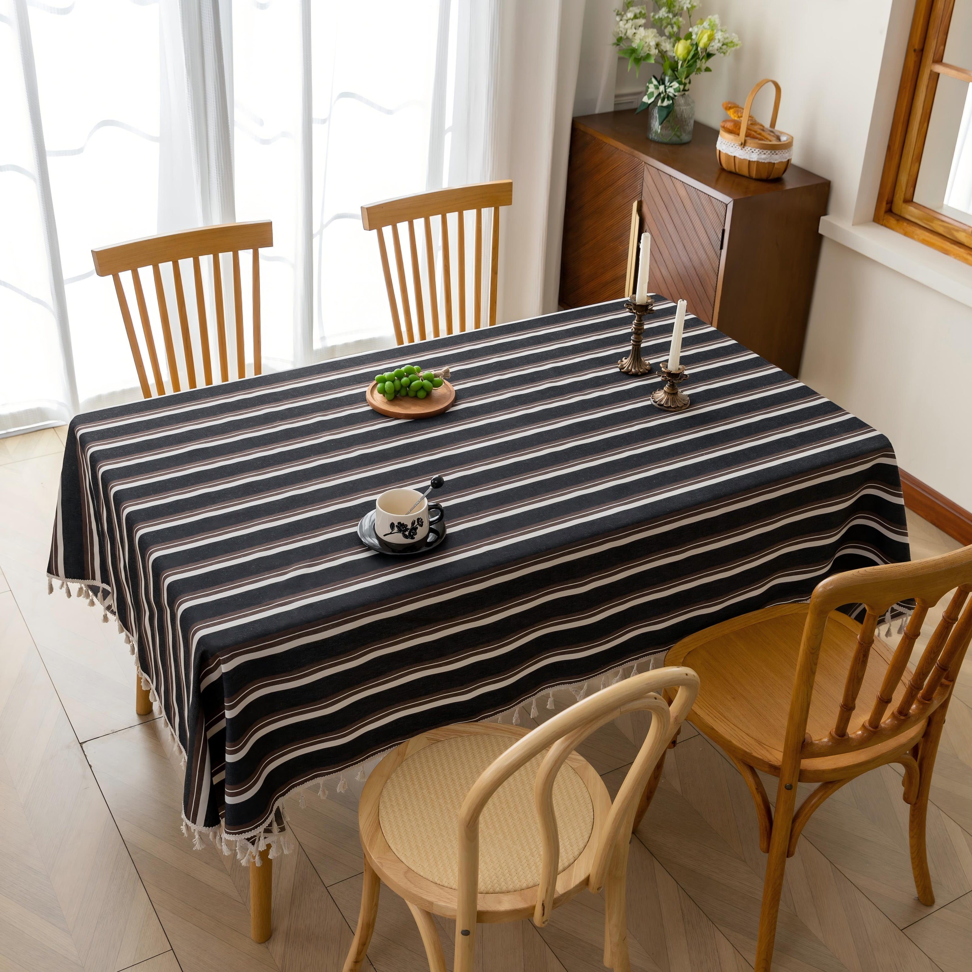 Black White Stripe Rectangle Tablecloth Farmhouse Tassel Design