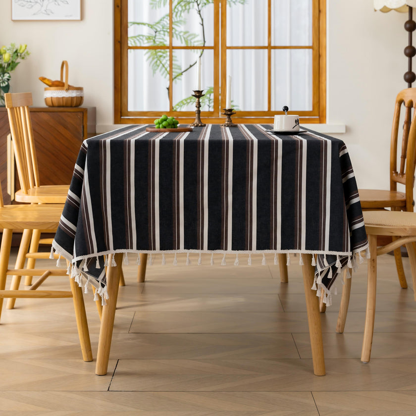Black White Stripe Rectangle Tablecloth Farmhouse Tassel Design