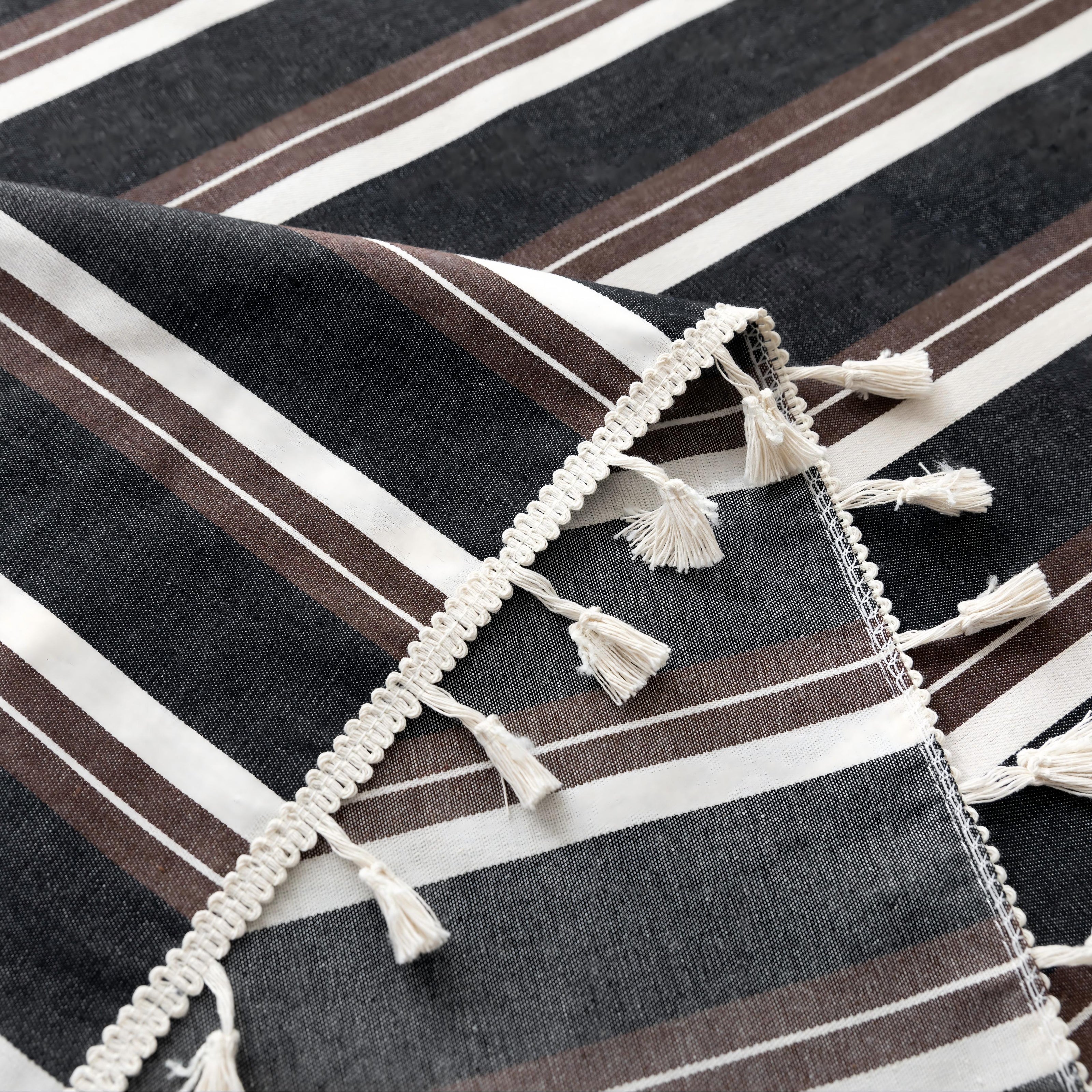 Black White Stripe Rectangle Tablecloth Farmhouse Tassel Design