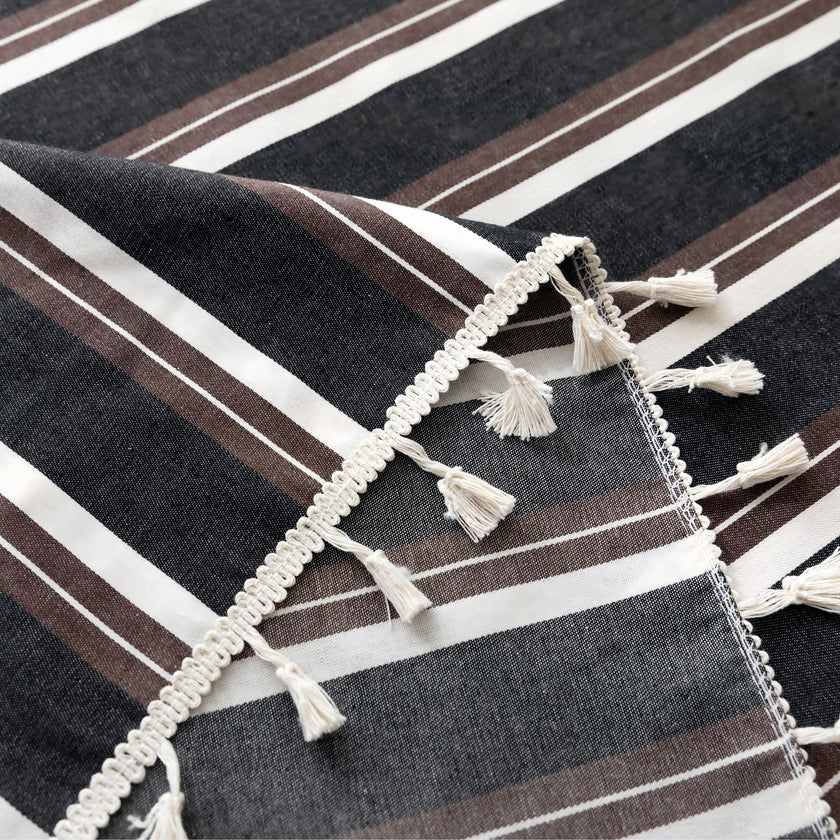 Black White Stripe Rectangle Tablecloth Farmhouse Tassel Design