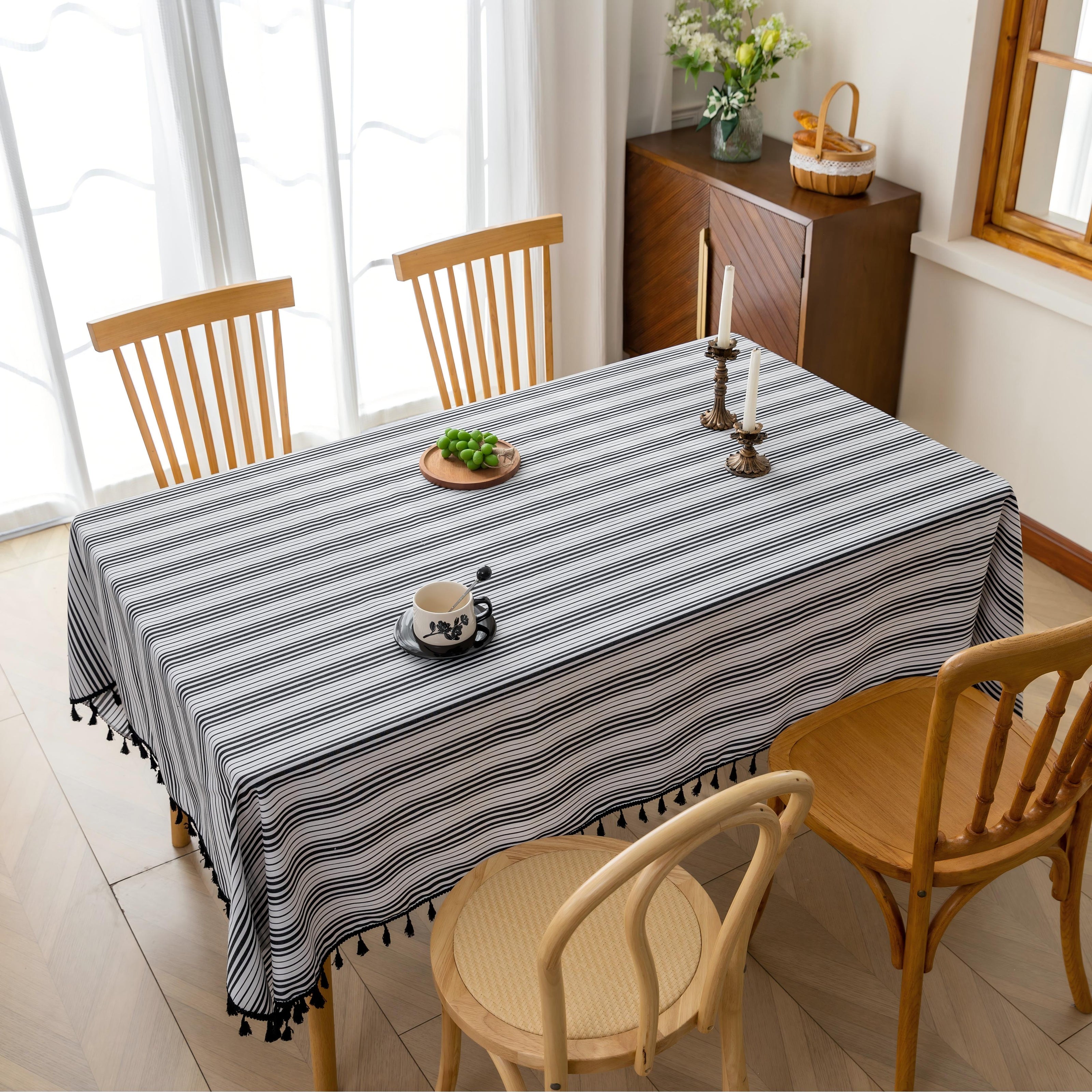 White Black Stripe Rectangle Tablecloth Farmhouse Tassel Design