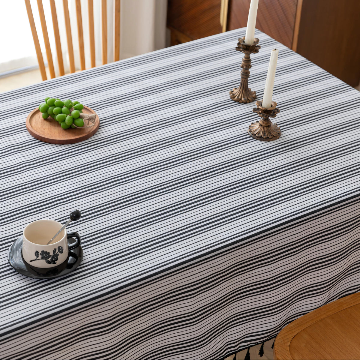 White Black Stripe Rectangle Tablecloth Farmhouse Tassel Design