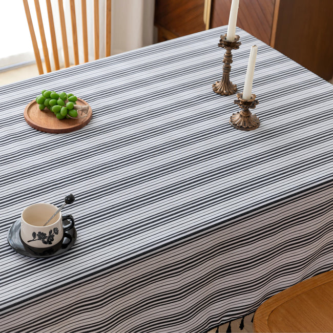 White Black Stripe Rectangle Tablecloth Farmhouse Tassel Design