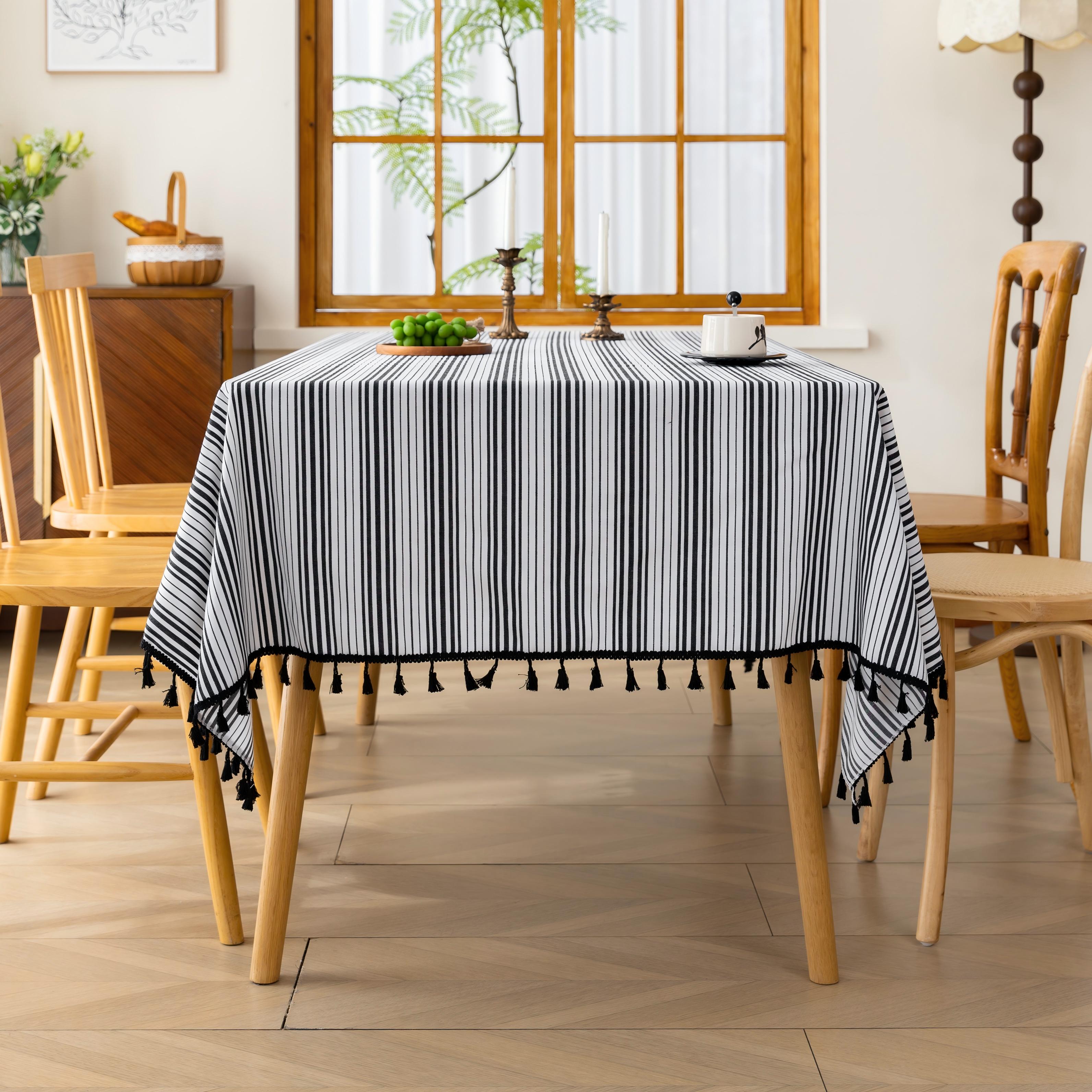 White Black Stripe Rectangle Tablecloth Farmhouse Tassel Design