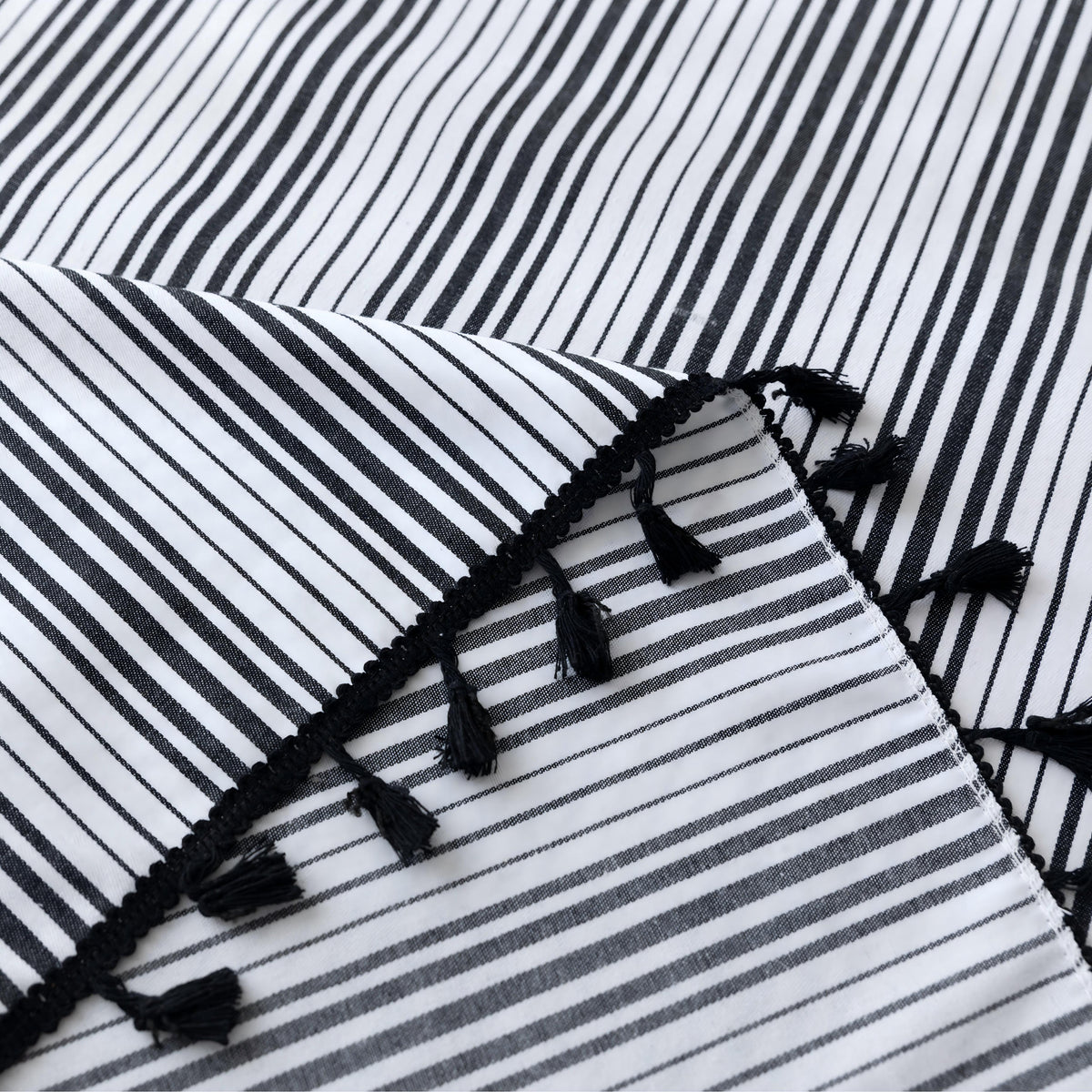 White Black Stripe Rectangle Tablecloth Farmhouse Tassel Design