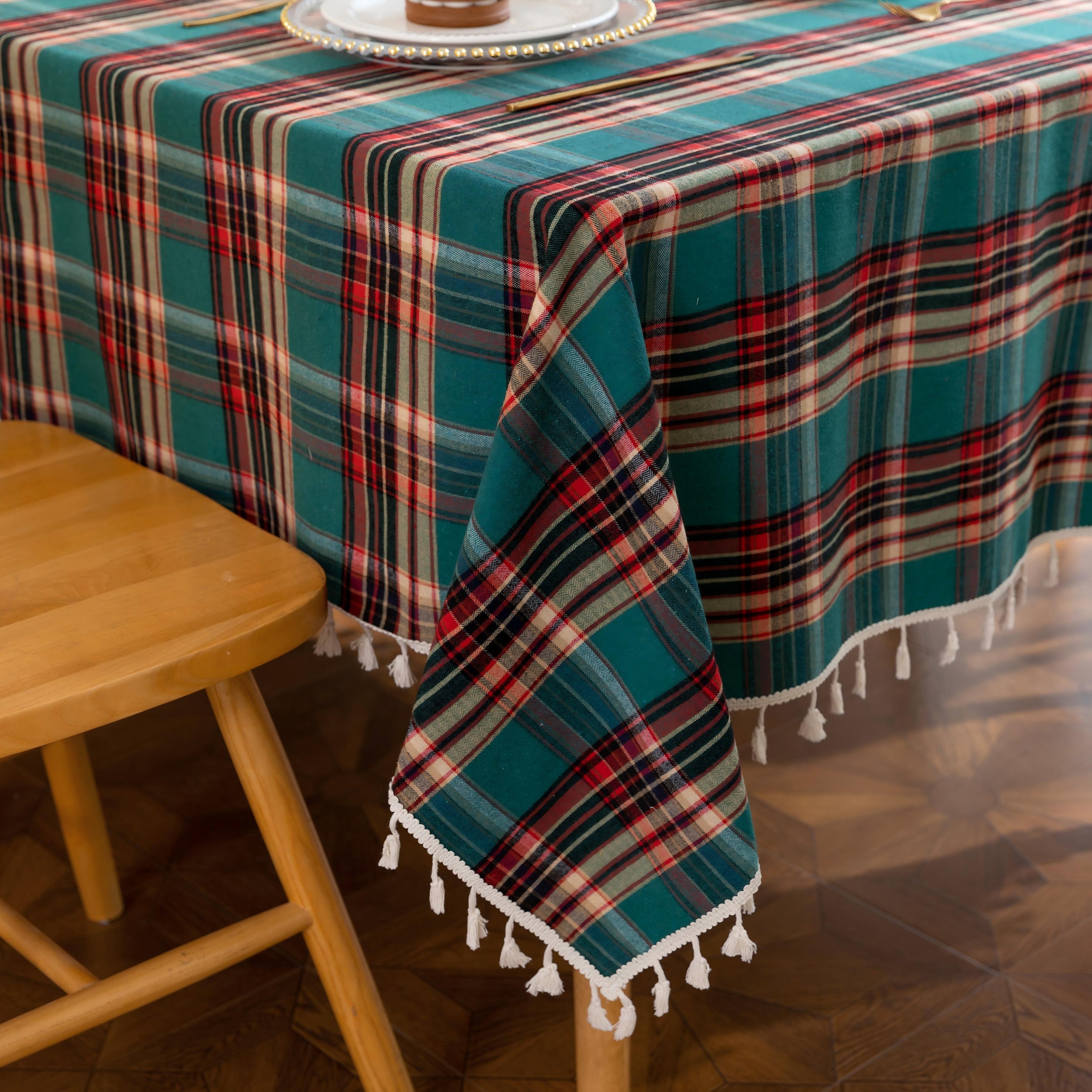 Green Plaid Rectangle Tablecloth Farmhouse Tassel Design