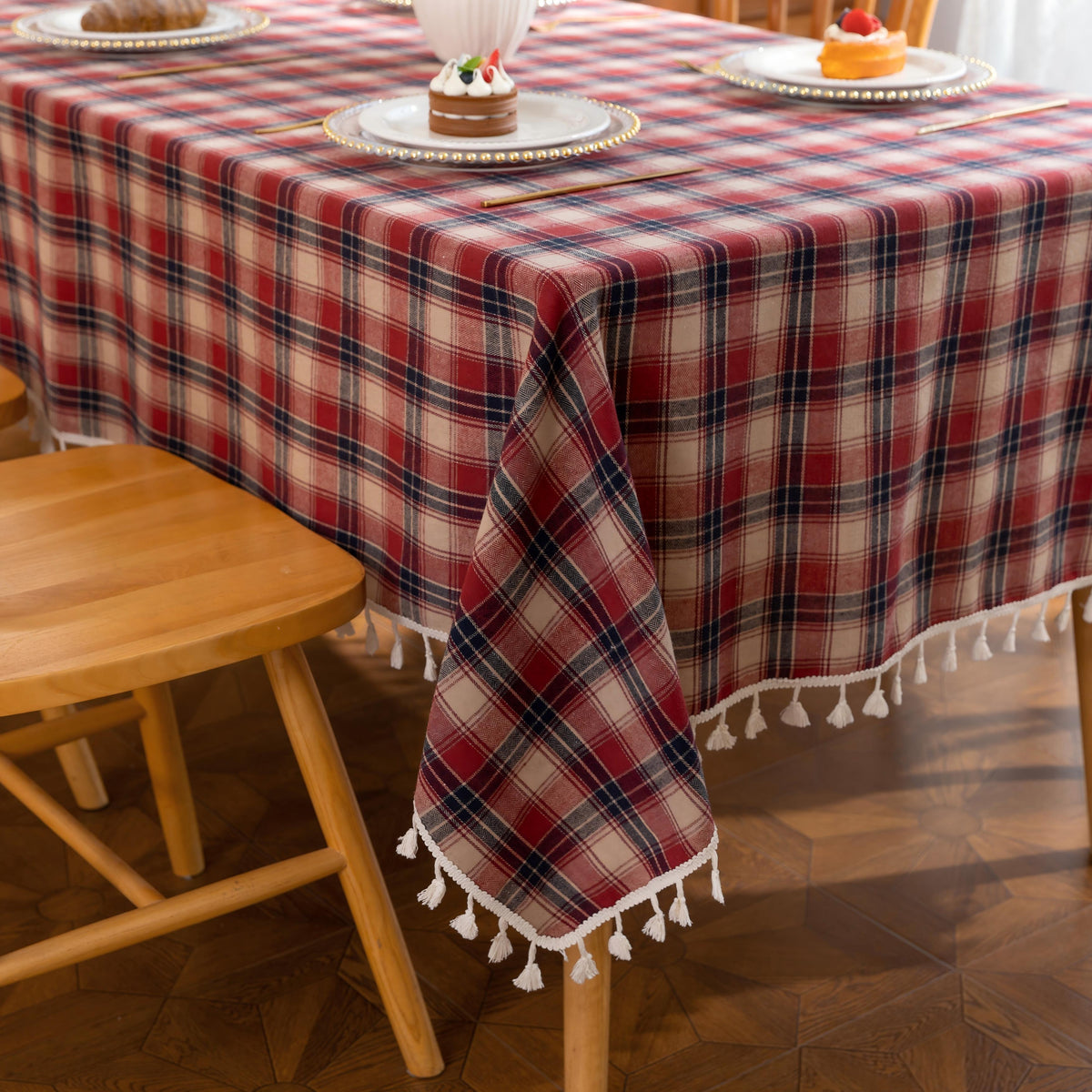 Red Plaid Rectangle Tablecloth Farmhouse Tassel Design