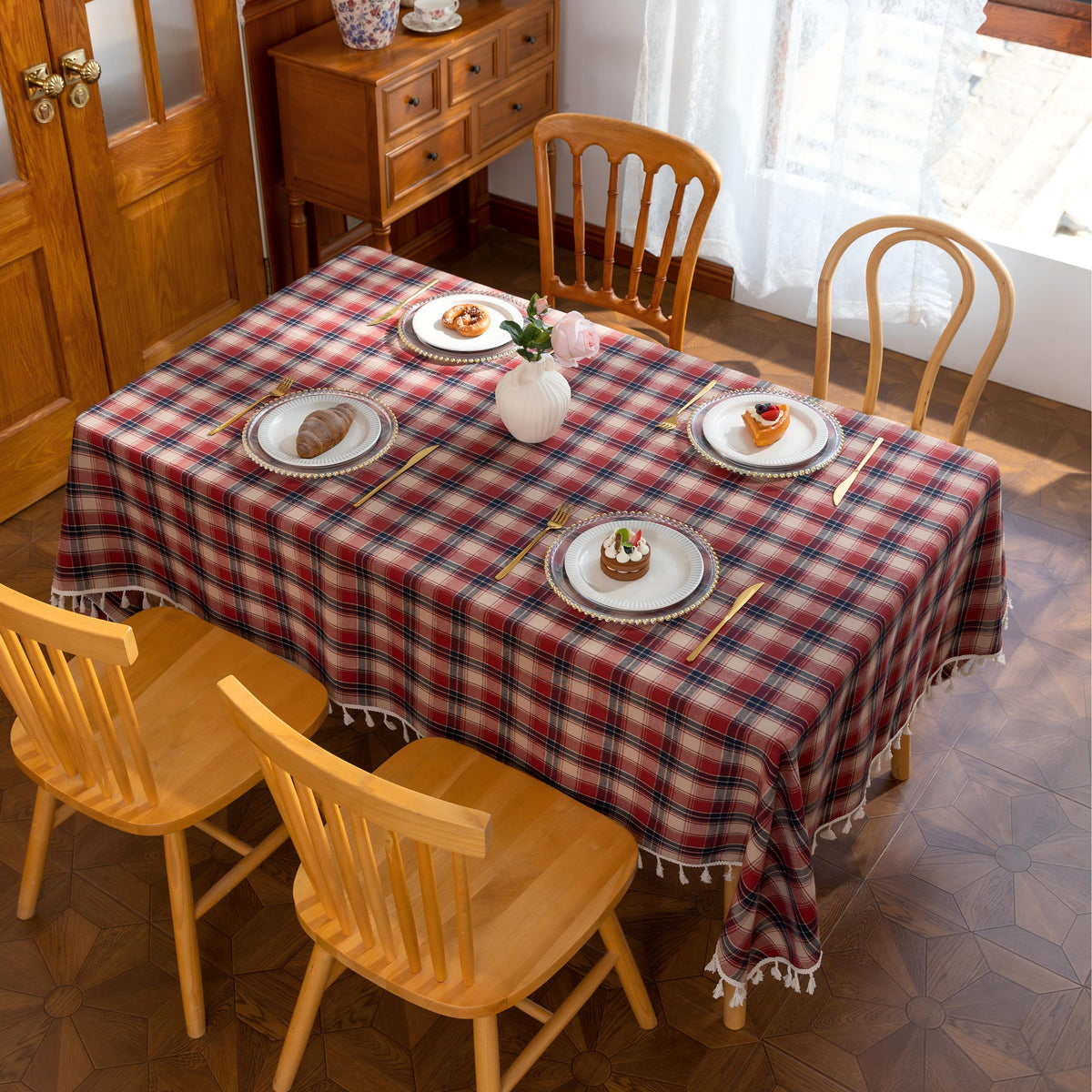 Red Plaid Rectangle Tablecloth Farmhouse Tassel Design