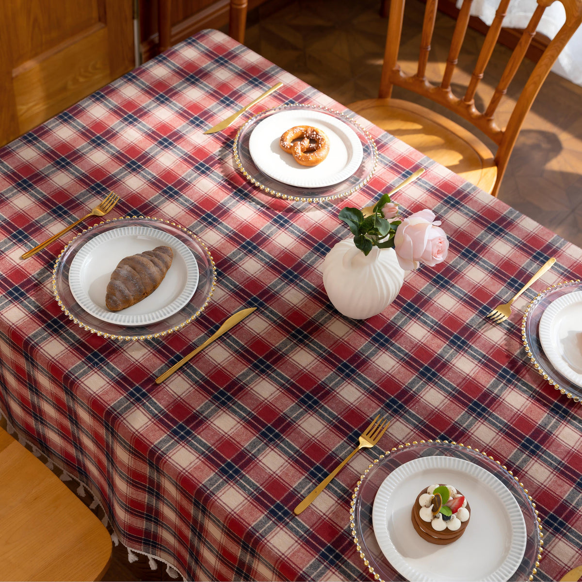 Red Plaid Rectangle Tablecloth Farmhouse Tassel Design