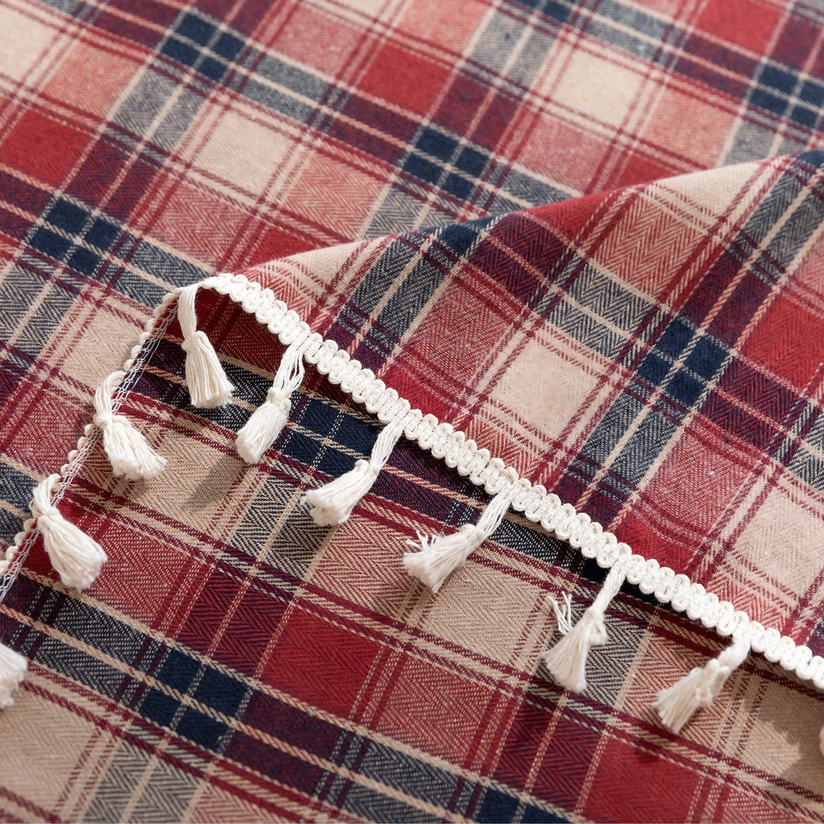 Red Plaid Rectangle Tablecloth Farmhouse Tassel Design
