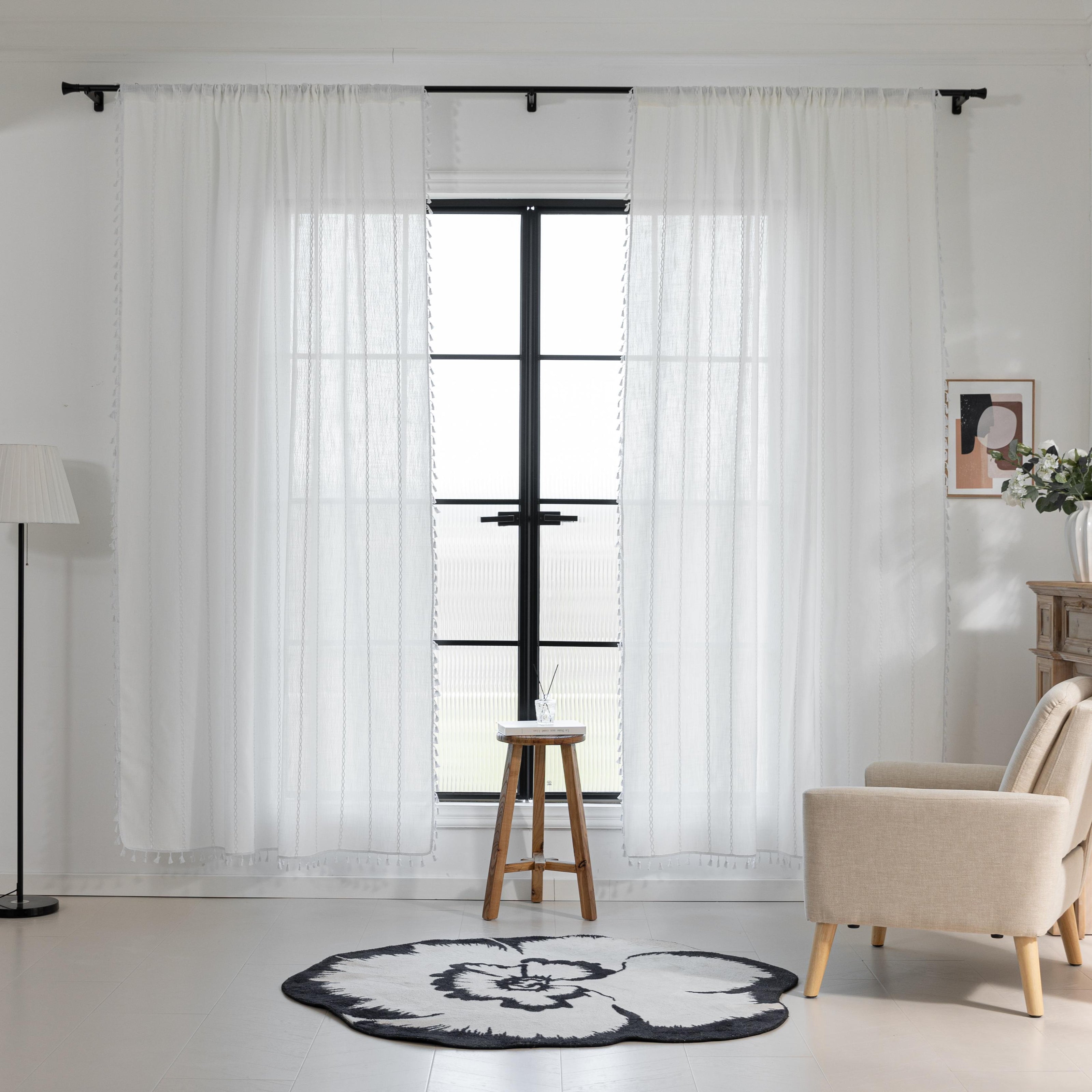 Boho White Embroidery Curtains Rod Pocket Light Filtering 1 Panel