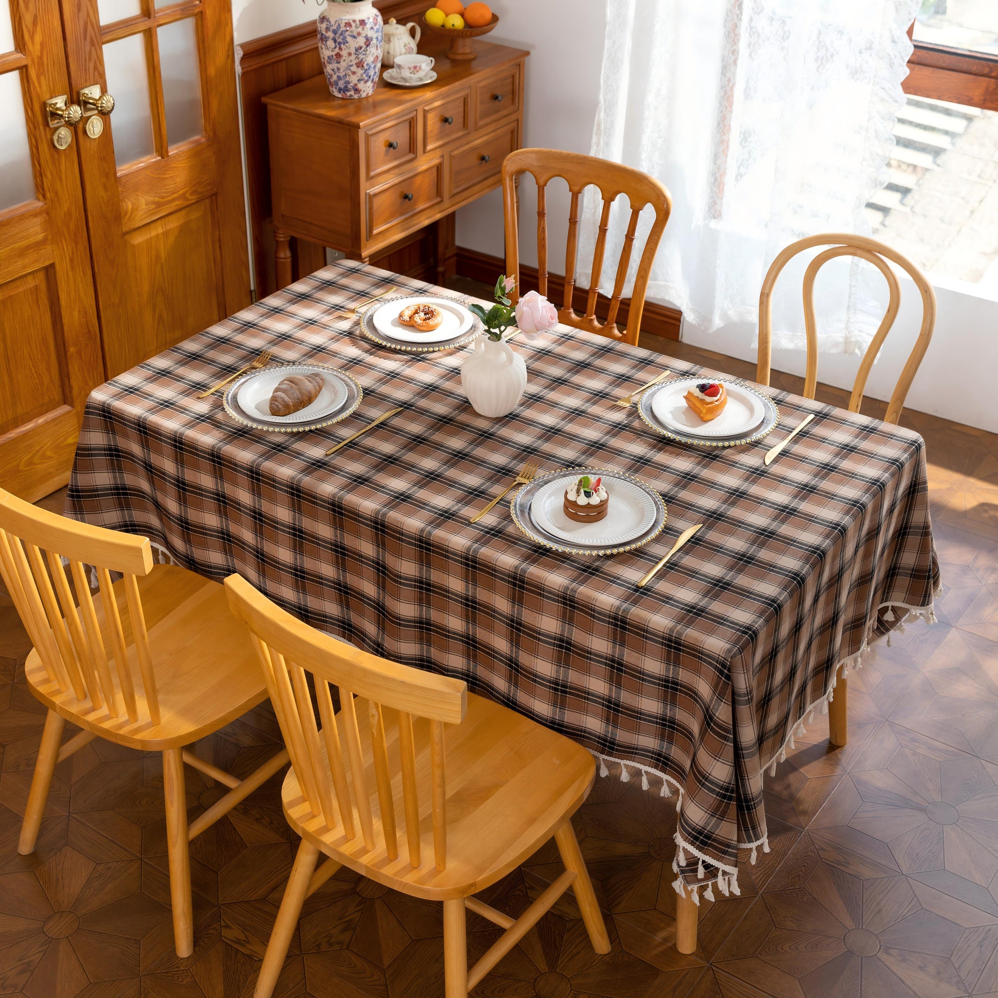 Brown Plaid Rectangle Tablecloth Farmhouse Tassel Design