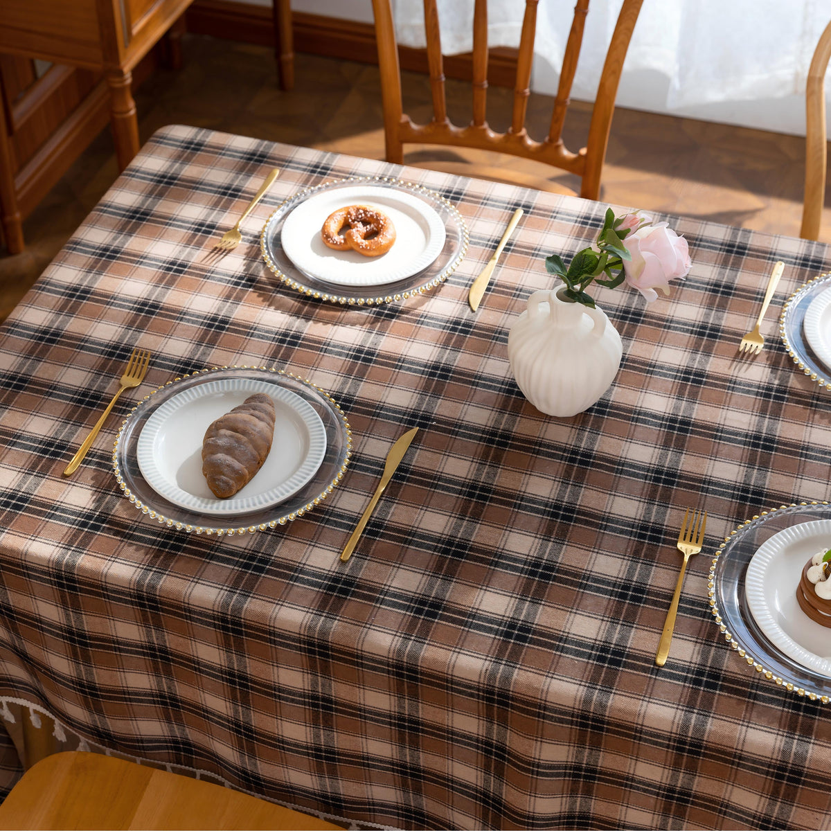 Brown Plaid Rectangle Tablecloth Farmhouse Tassel Design