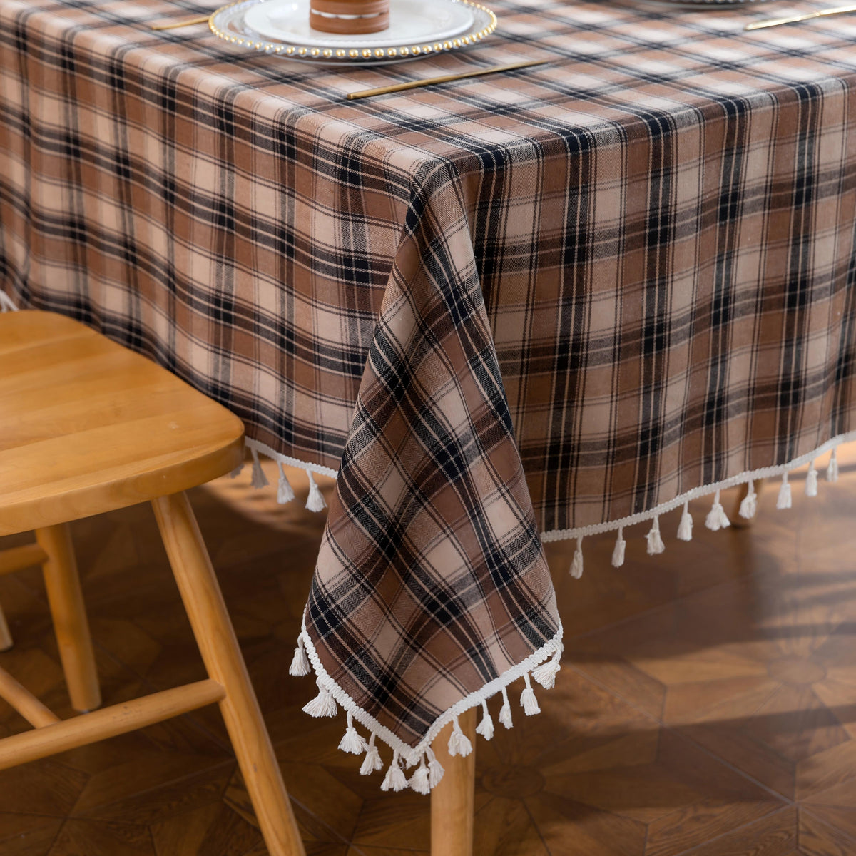 Brown Plaid Rectangle Tablecloth Farmhouse Tassel Design