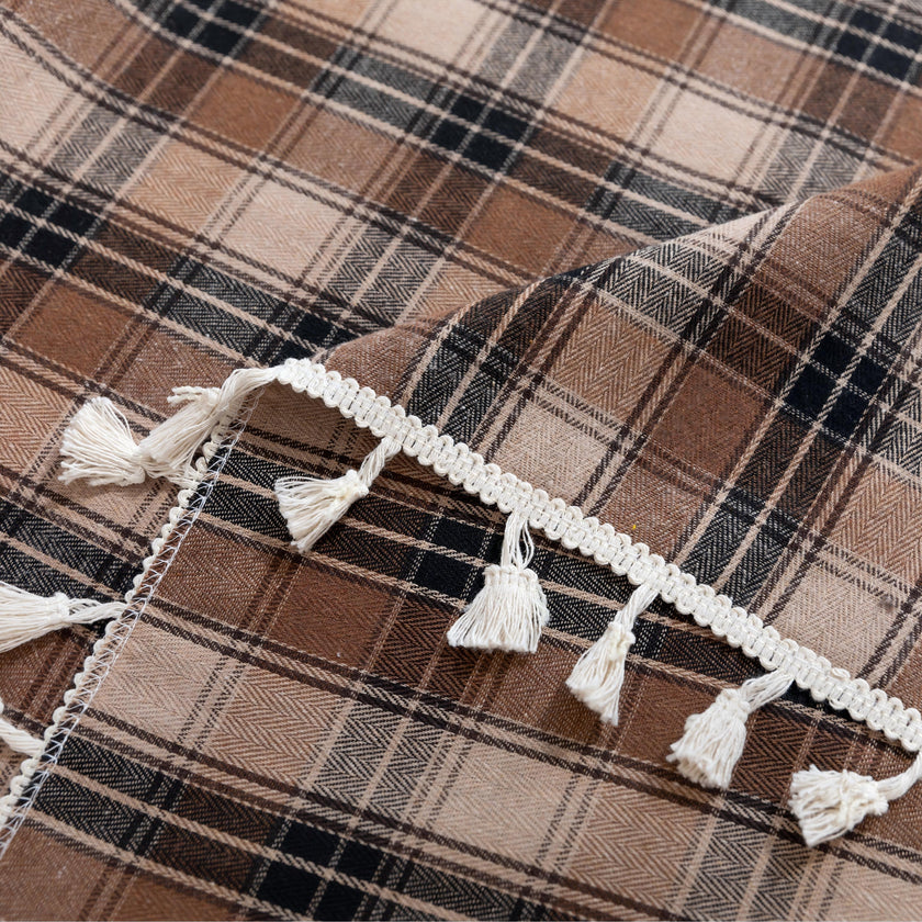 Brown Plaid Rectangle Tablecloth Farmhouse Tassel Design