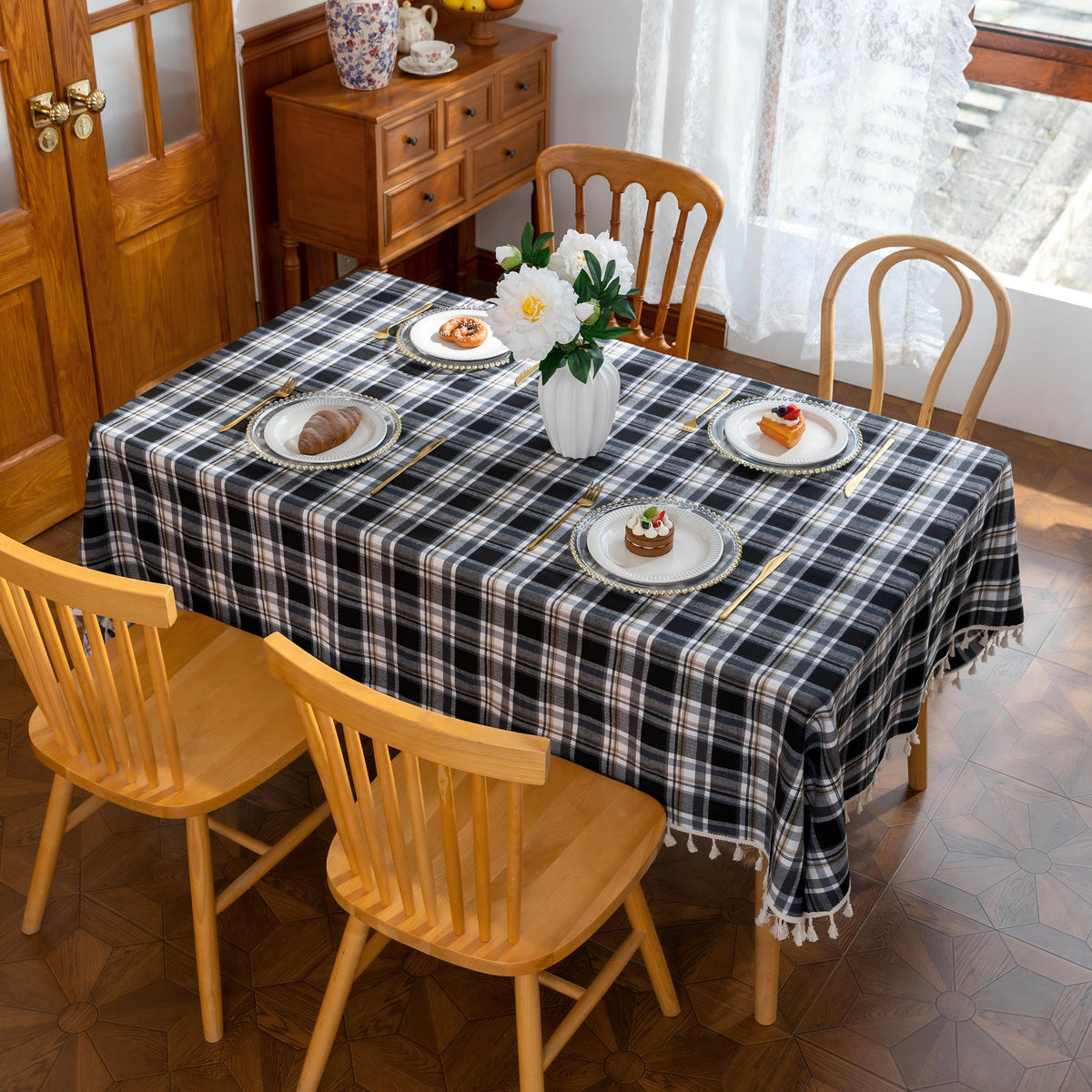 Black Plaid Rectangle Tablecloth Farmhouse Tassel Design
