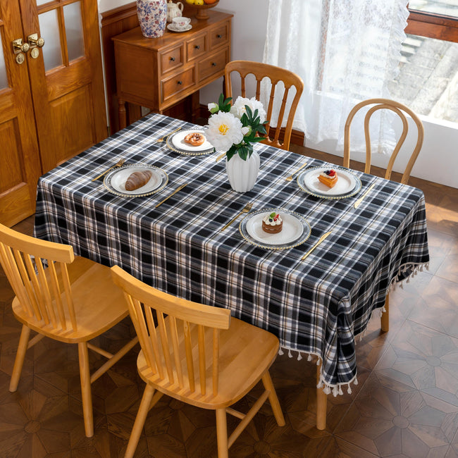 Black Plaid Rectangle Tablecloth Farmhouse Tassel Design