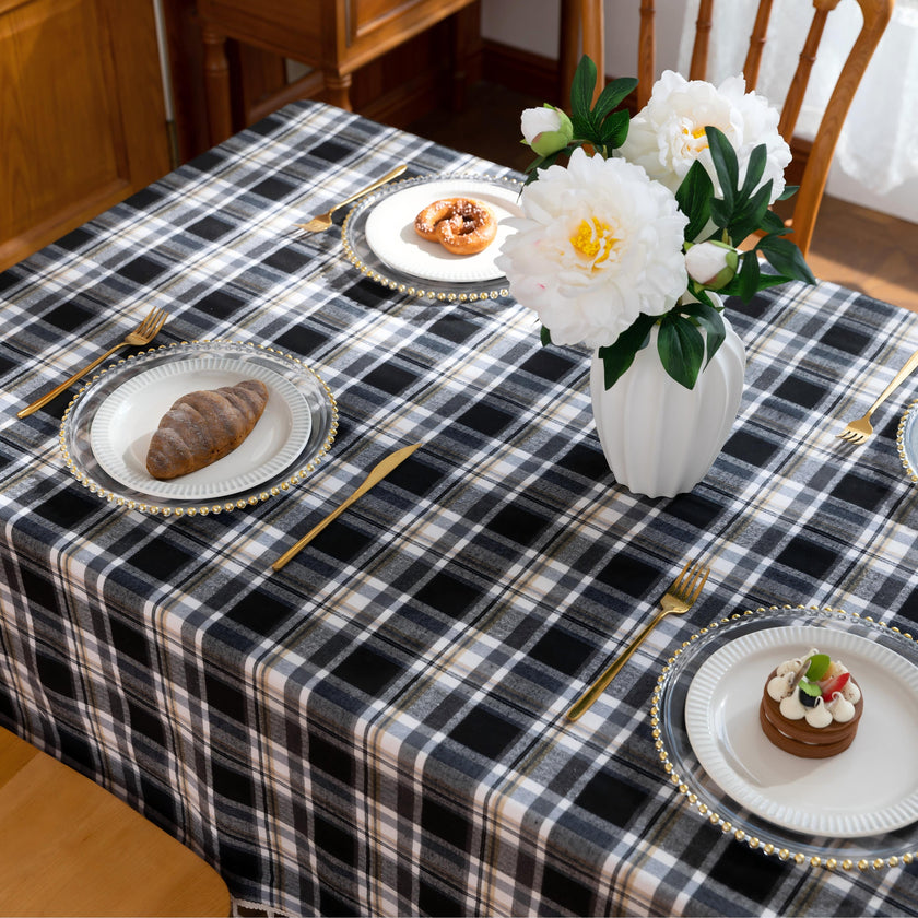 Black Plaid Rectangle Tablecloth Farmhouse Tassel Design