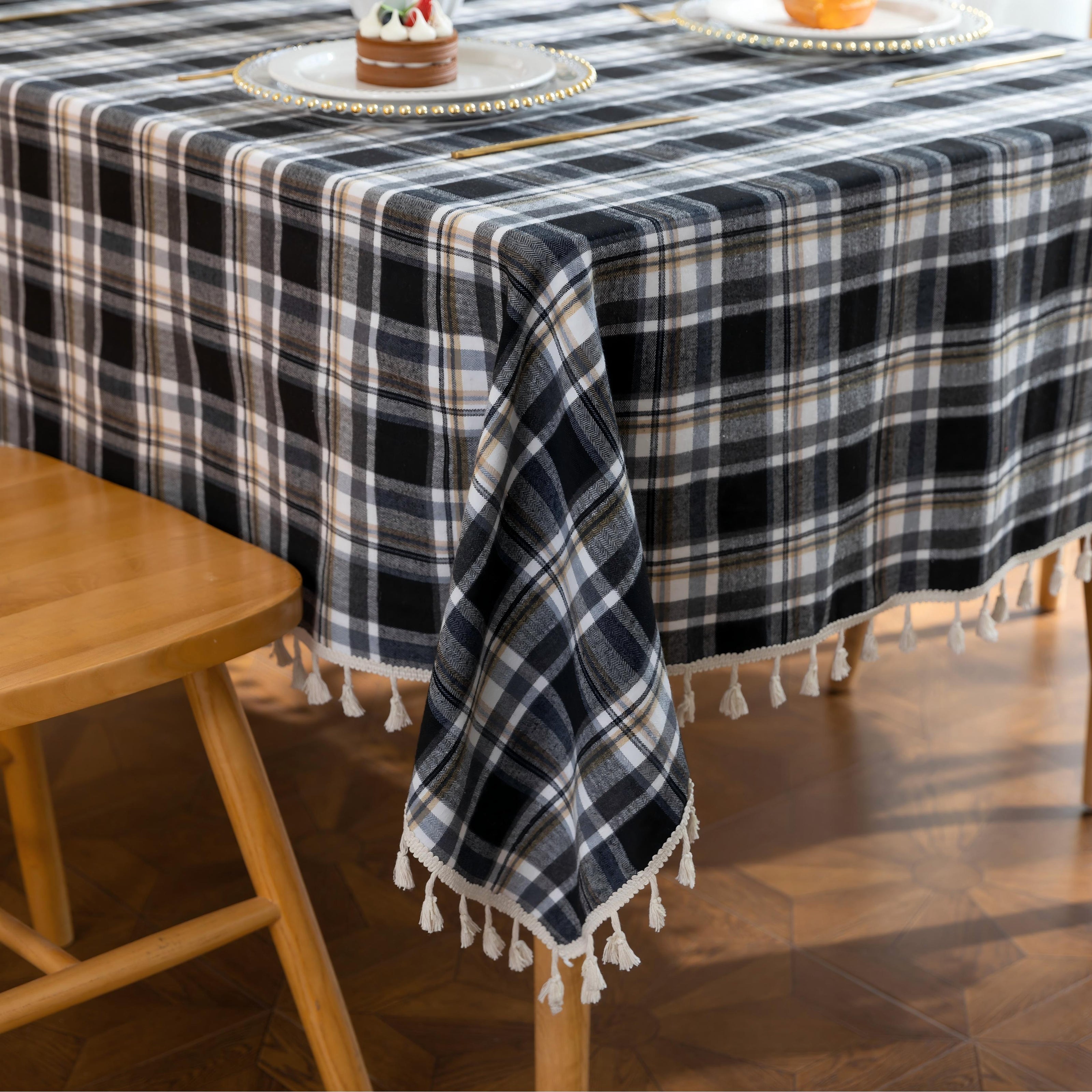 Black Plaid Rectangle Tablecloth Farmhouse Tassel Design