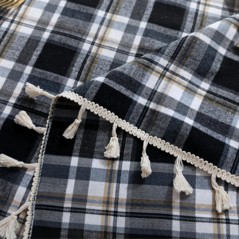 Black Plaid Rectangle Tablecloth Farmhouse Tassel Design