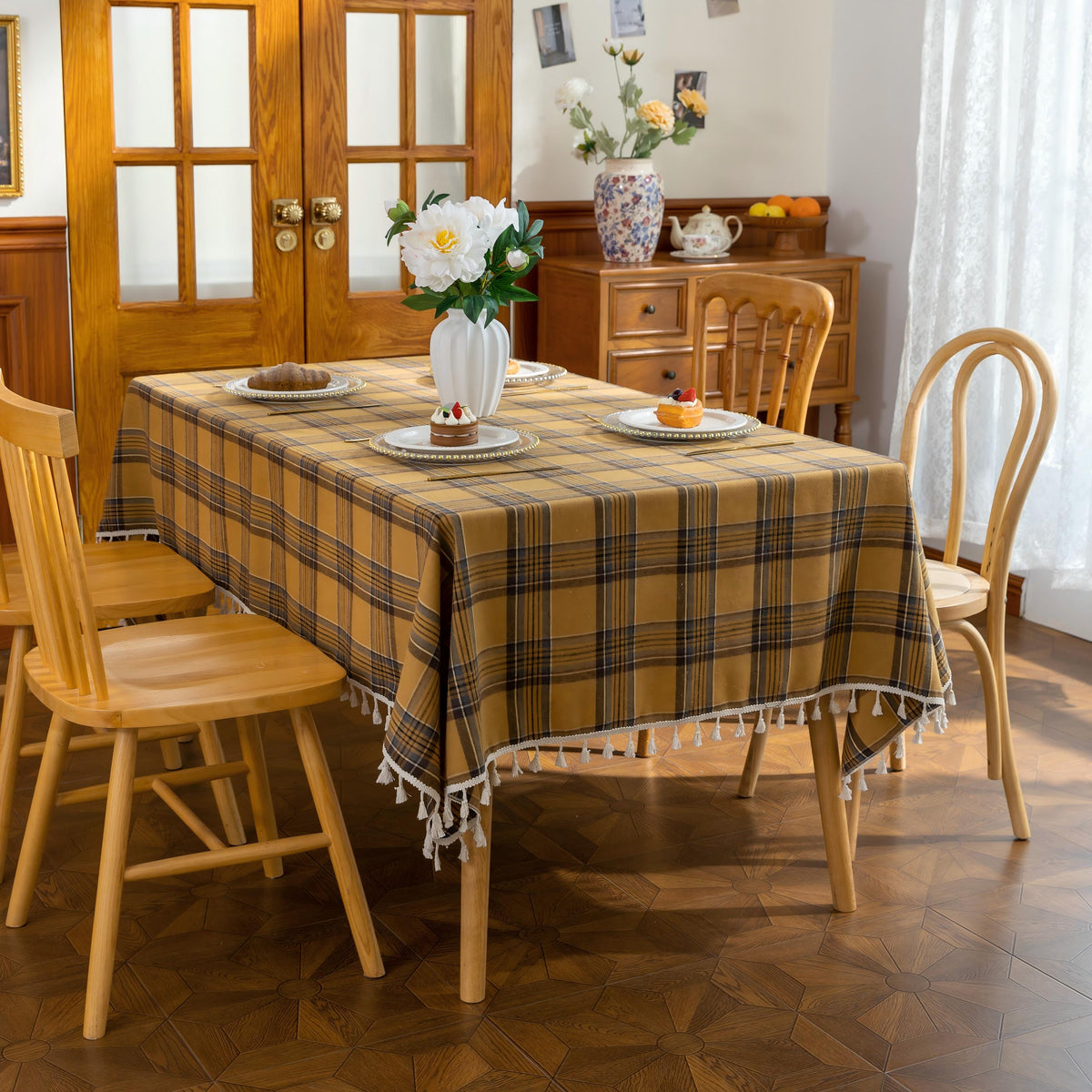 Plaid Rectangle Tablecloth Farmhouse Tassel Design